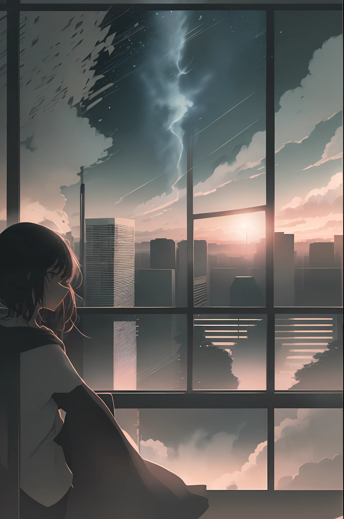 anime,1girl, star (sky), cloud, cityscape, building, city, outdoors, skyscraper, city lights, night, night sky, sunset, skyline