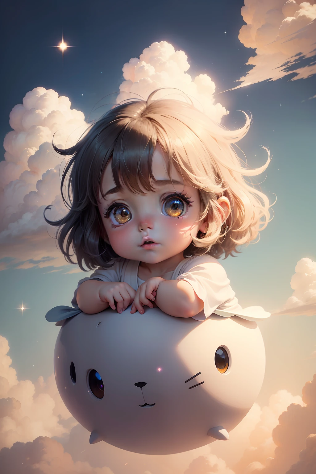 Little baby on a cloud,Ghibli-like colors, Sparkle, Chiaroscuro, Ray tracing, High details,(tmasterpiece,best qualtiy:1.3),(Mono Color:1.3),(a color:1.3),独奏,Floating clouds,(2D:1.3)