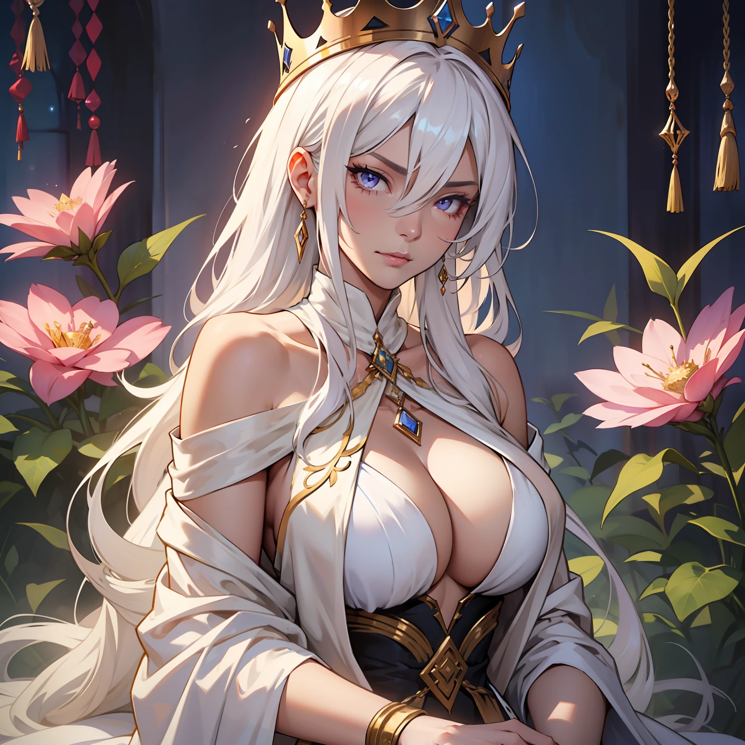 My mother is tall and beautiful. She has long hair, white hair. Her eyes are dark purple. She wears a long, flowing white gown. She is very kind and gentle, but she can be very stern when she needs to be. beautiful female, big bust, crown