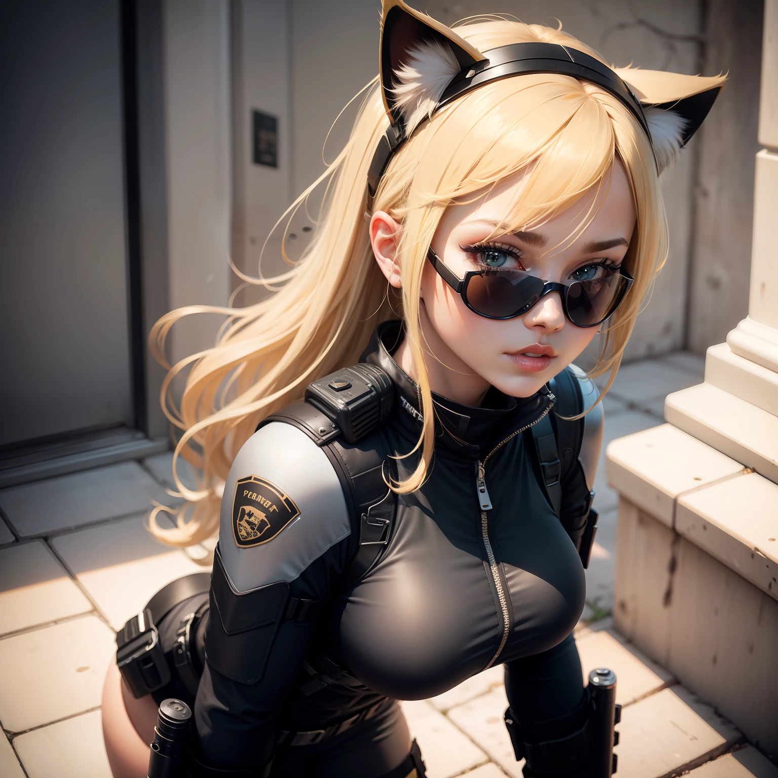 Cute blonde female in tight SWAT gear and sunglasses and mask and cat ears