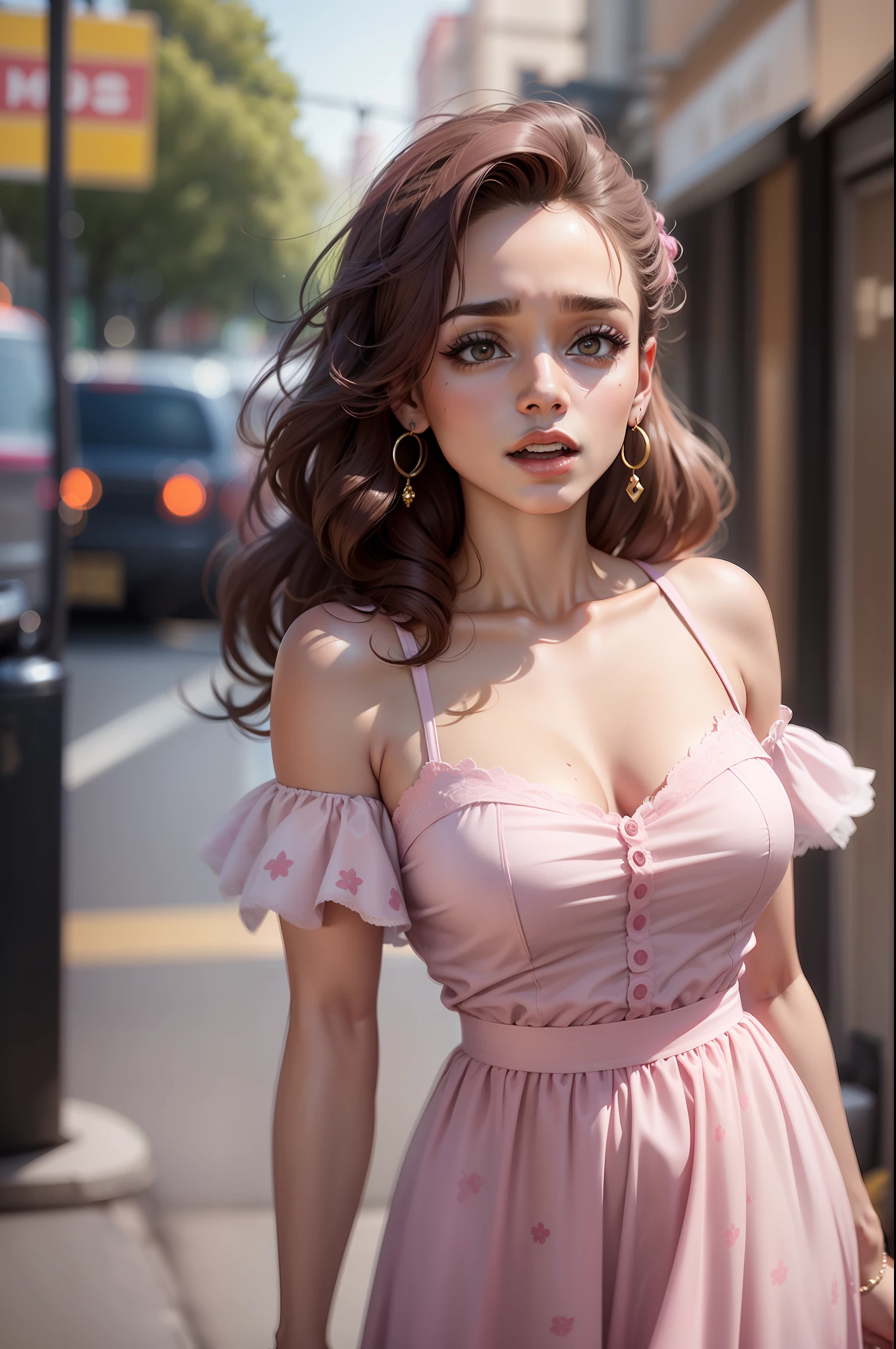 There's a woman in a pink dress talking on a cell phone, Mulher de 30 anos de Cuba, still from a music video, videoclipe, modelo de moda chorando, Ashteroth, Lorena Avarez, youtube video screenshot, ariana grande em gta v, Giga Chade chorando, Marischa Becker, Parece Fabiula Nascimento