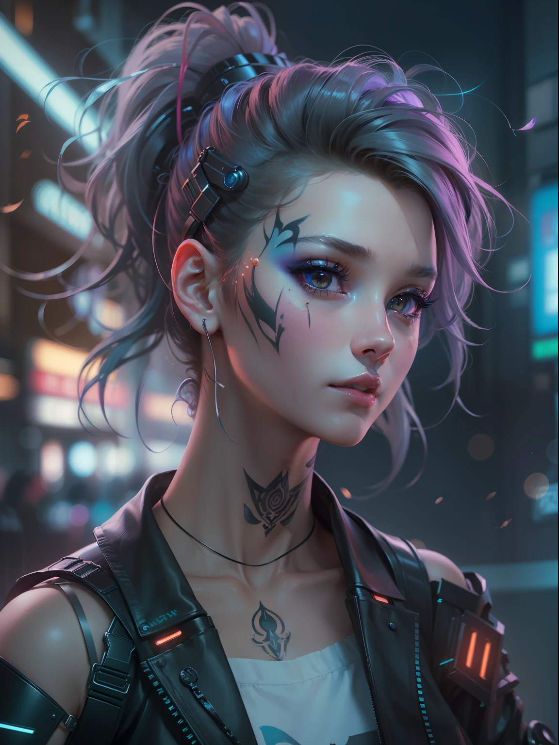 (((​masterpiece)))、(((top-quality)))、((ultra-definition))、(High Definition CG Illustration)、((extremely delicate and beautiful))、Cyber City、Cinematic Light、Girl with a sheared hairstyle、unconventional、Cyber Girl、2080s、animesque、girl with、facepaint、Face tattoos、trending on artstationh、Rachel Walker