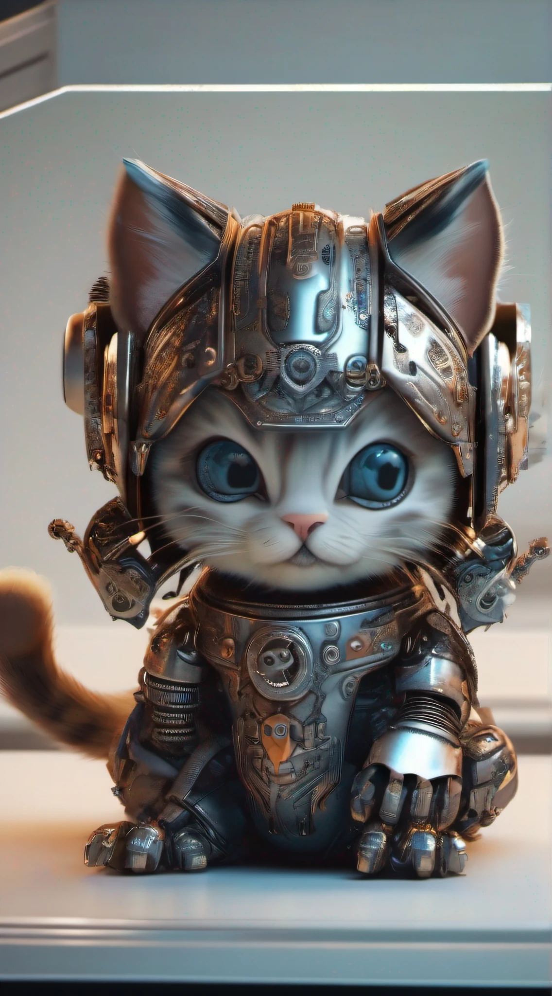 A cute kitten made of metal, robot, cyberpunk style, ((intricate details)), hdr, ((intricate details, super detailed)), cinematic footage, vignette