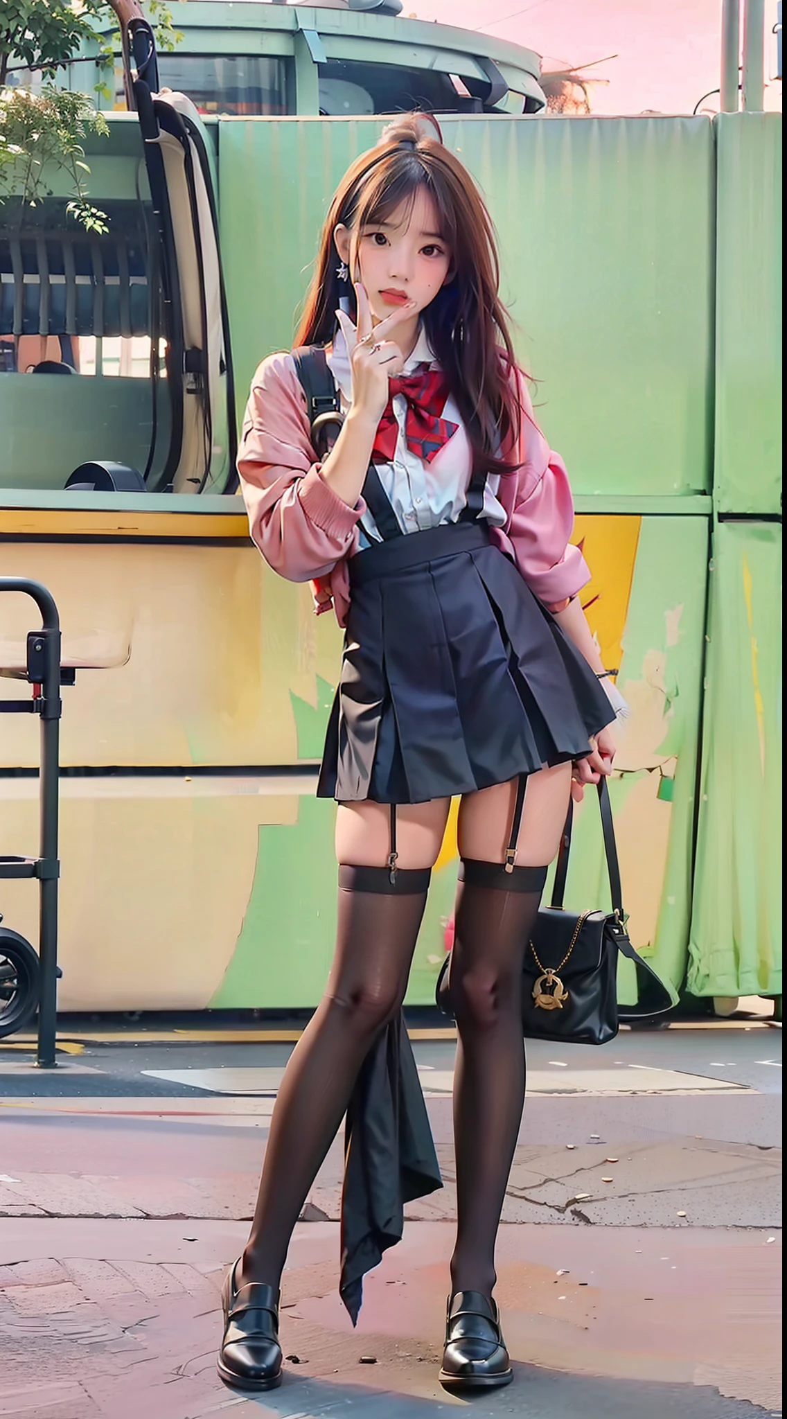 girlfriend，Color scheme，Lolita style，Female pervert，Student uniform leather shoes，long leges，（Full Focus）,(Full body shot ：2)，Must show your face，Must have stockings，The stocking style is pantyhose，hyper HD，High detail, Chiaroscuro, Cinematic lighting, Masterpiece, Ray traching，structurally correct, Super detail, High quality, High details, Best quality, 16k,anatomy correct