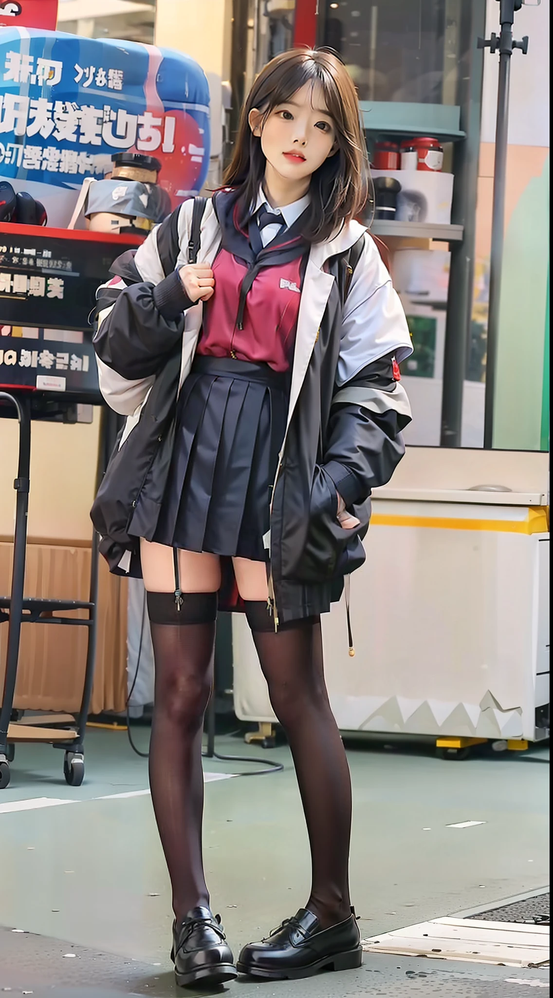 girlfriend，Color scheme，Lolita style，Female pervert，Student uniform leather shoes，long leges，（Full Focus）,(Full body shot ：2)，Must show your face，Must have stockings，The stocking style is pantyhose，hyper HD，High detail, Chiaroscuro, Cinematic lighting, Masterpiece, Ray traching，structurally correct, Super detail, High quality, High details, Best quality, 16k,anatomy correct