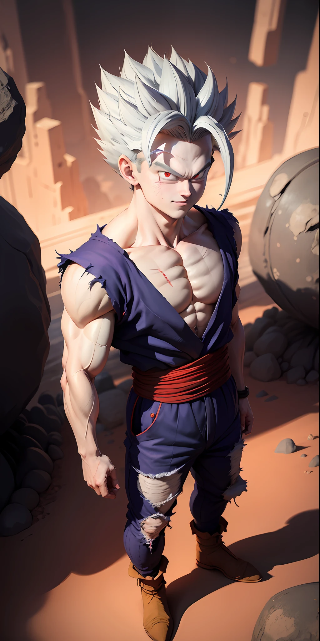 masterpiece, best quality, ultra-detailed, Adult Gohan 1boy, solo, Full body, evil smile, grey hair, spiked hair, red eyes, dougi, full body, looking at viewer, male focus, earth \(planet\), planet, space, cracked ground and rocks rising up, rubble rising,