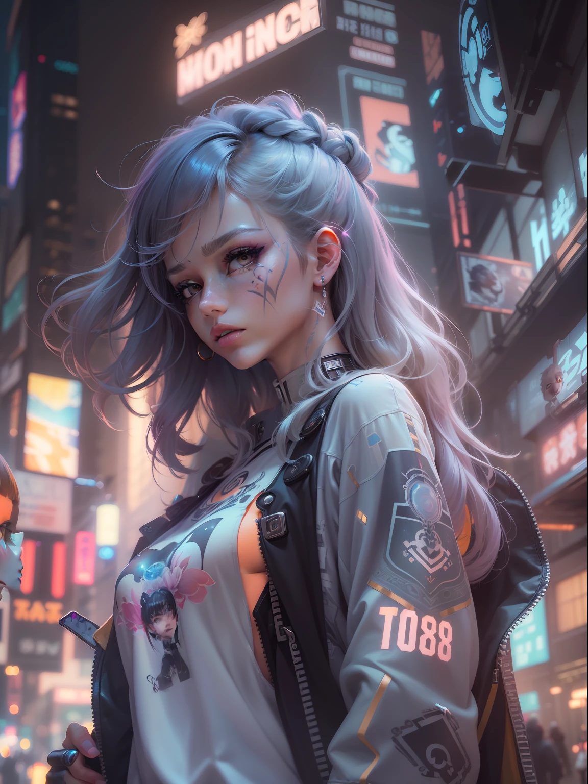 (((​masterpiece)))、(((top-quality)))、((ultra-definition))、(High Definition CG Illustration)、((extremely delicate and beautiful))、Cyber City、Cinematic Light、Girl with a sheared hairstyle、unconventional、Cyber Girl、2080s、animesque、girl with、facepaint、Face tattoos、trending on artstationh、Rachel Walker