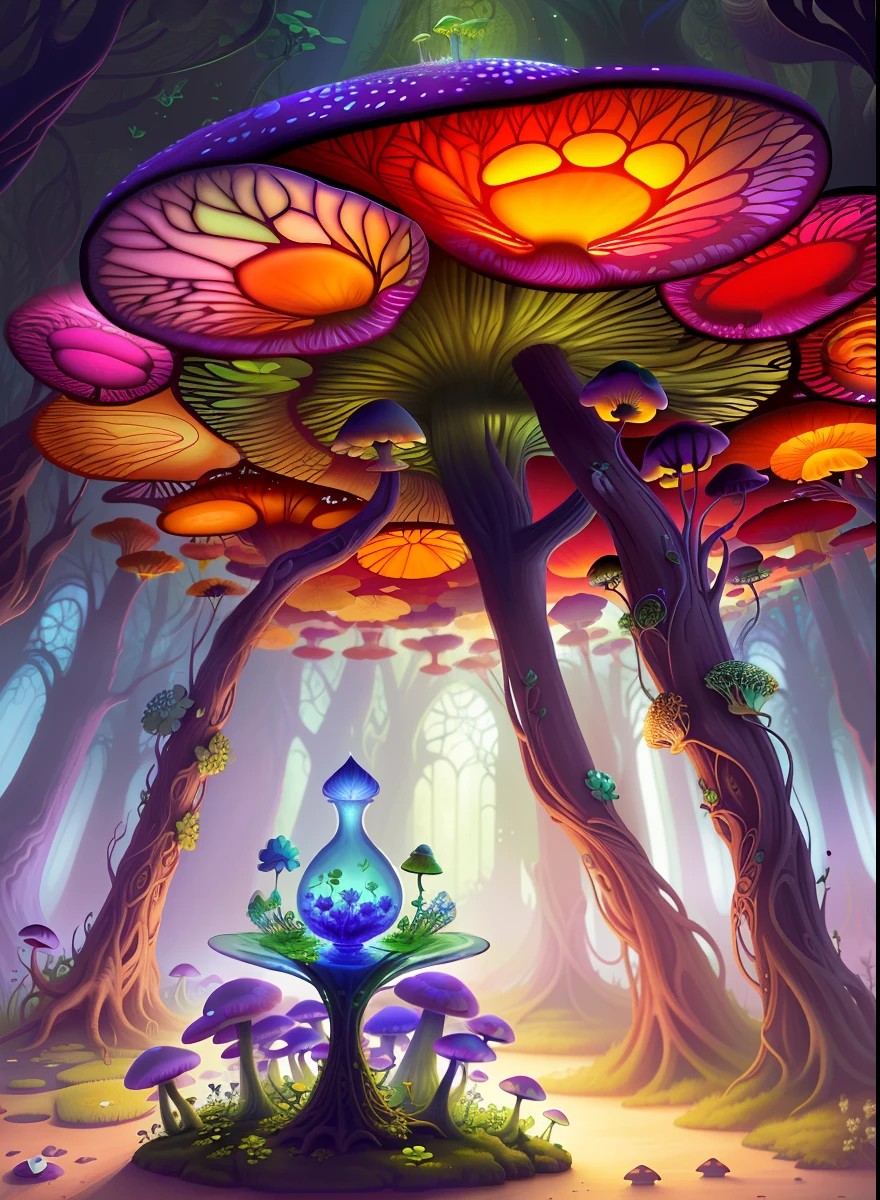 "Mushroom forest with glass goblet,s fractal art,morning glory,butterflys,lotuses,four-leaf clover,morning glory,Cyber Mushroom Forest,Ultra-detailed digital fantasy art。Mushrooms are everywhere in the picture,The unique mushroom shape creates a magical casa scene。"