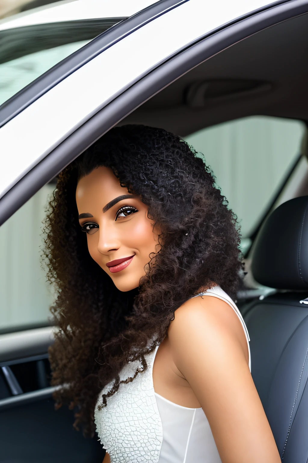 A mulher dirigindo um carro, cabelos ao vento.
