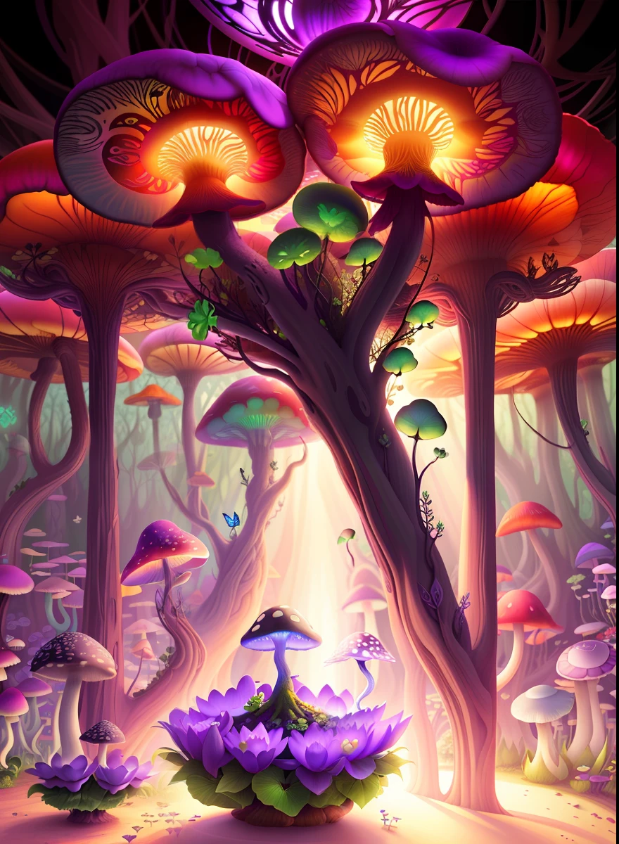 "Mushroom forest with glass goblet，s fractal art，morning glory，butterflys，lotuses，four-leaf clover，morning glory，Cyber Mushroom Forest，Ultra-detailed digital fantasy art。Mushrooms are everywhere in the picture，The unique mushroom shape creates a magical casa scene。"