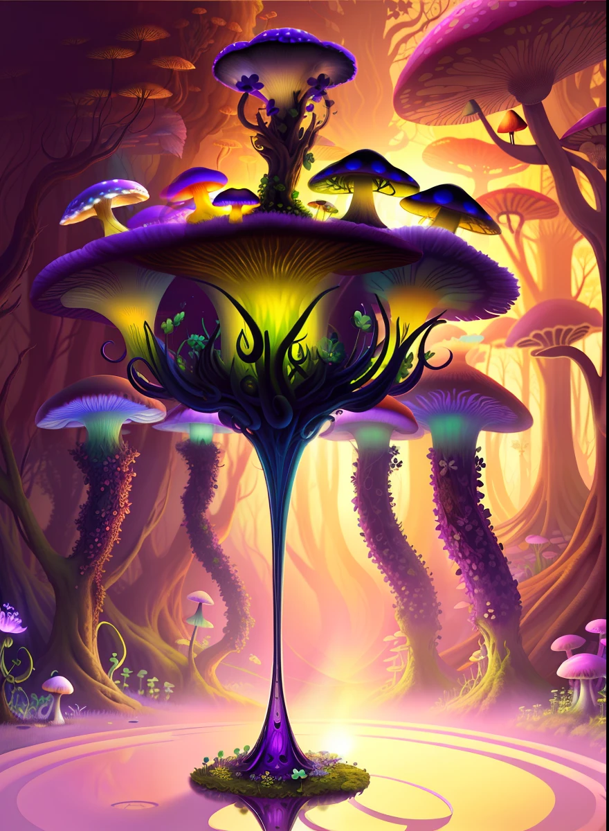 "Mushroom forest with glass goblet，s fractal art，morning glory，butterflys，lotuses，four-leaf clover，morning glory，Cyber Mushroom Forest，Ultra-detailed digital fantasy art。Mushrooms are everywhere in the picture，The unique mushroom shape creates a magical casa scene。"