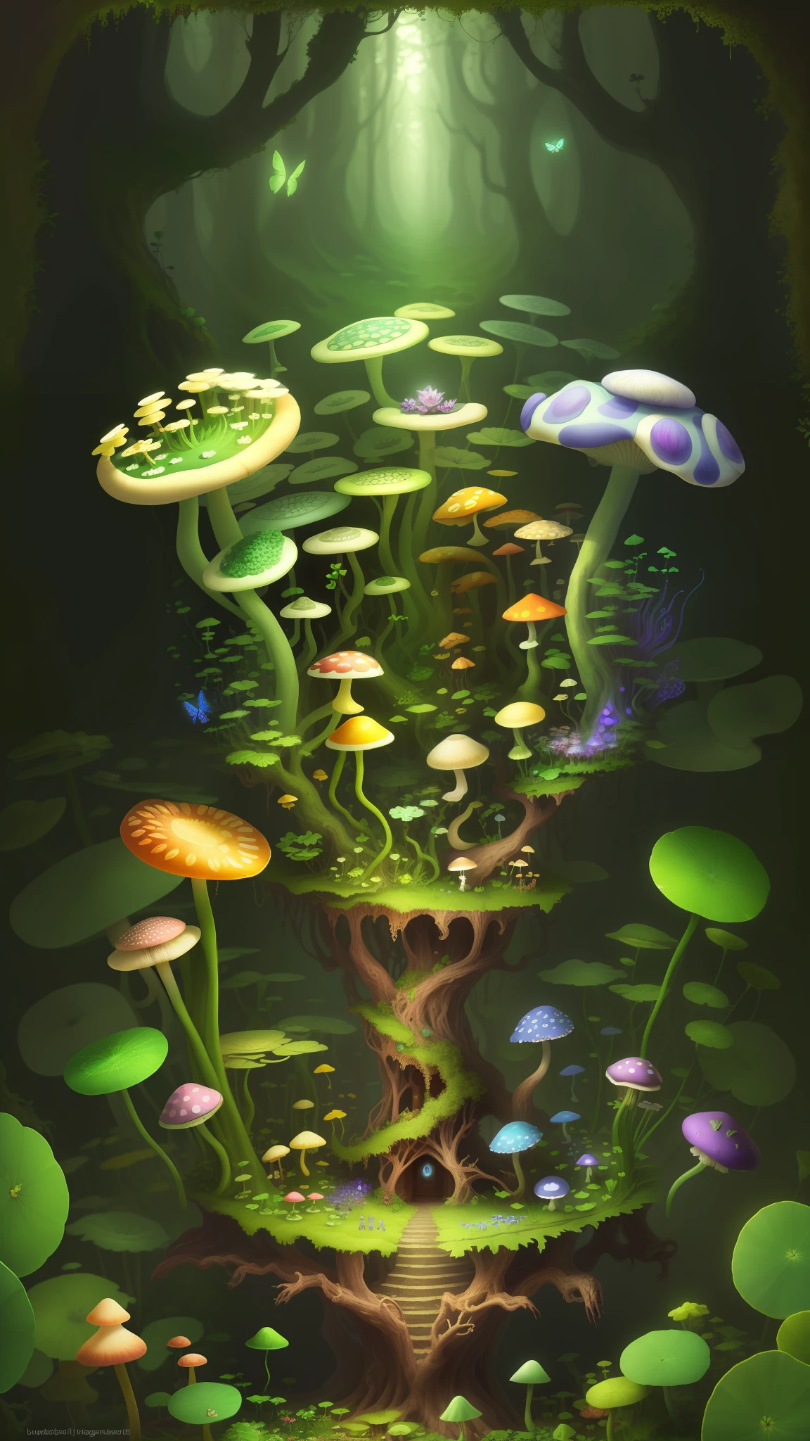 "Mushroom forest with glass goblet,s fractal art,morning glory,butterflys,lotuses,four-leaf clover,morning glory,Cyber Mushroom Forest,Ultra-detailed digital fantasy art。Mushrooms are everywhere in the picture,The unique mushroom shape creates a magical casa scene。"