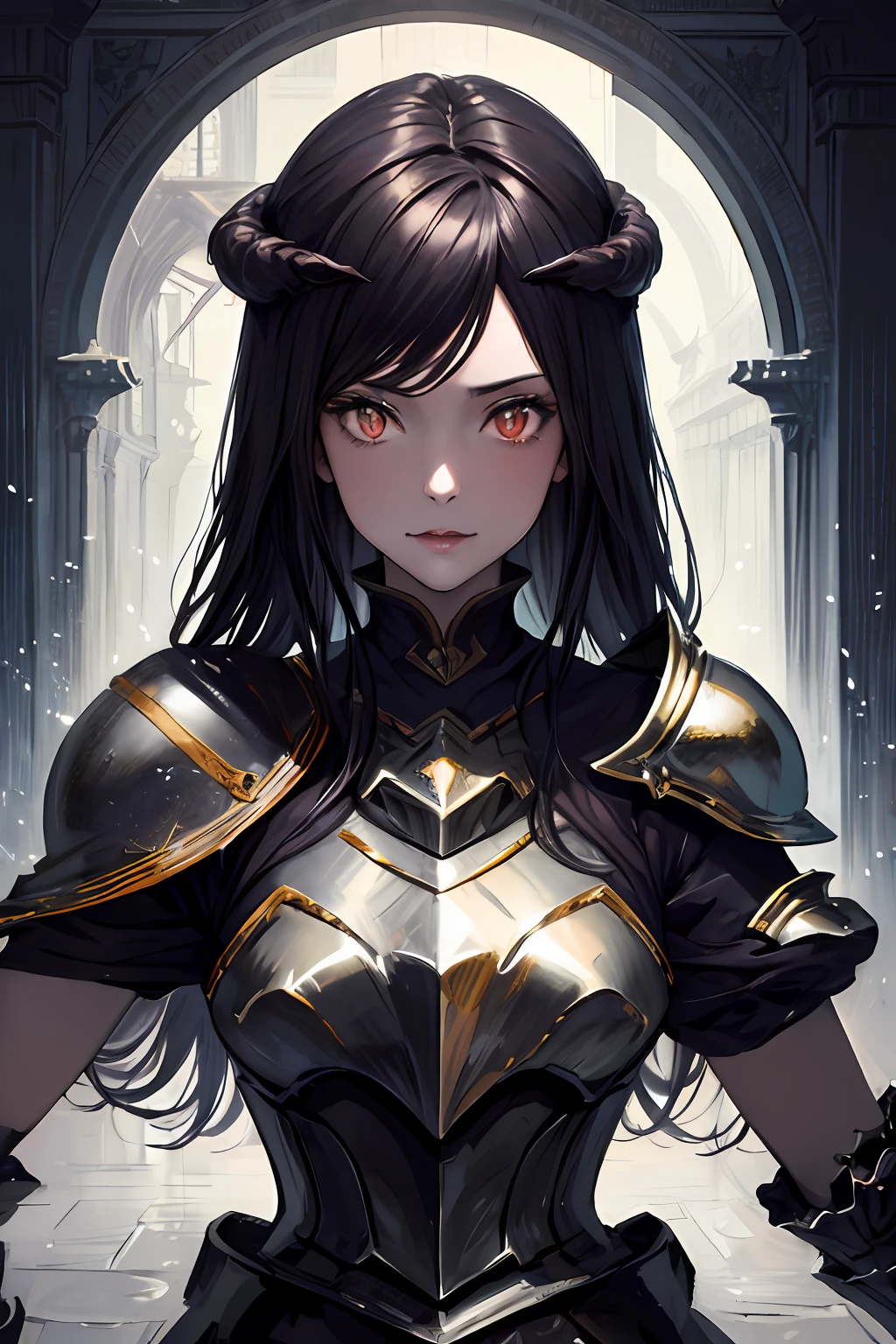 (masterpiece, top quality, best quality, official art, beautiful and aesthetic:1.2), cateyes,1girl, solo, armour, magic, light particles, upper body, extreme detailed, highest detailed, optical mixing, playful patterns, lively texture, unique visual effect, ((dark fantasy)), (darker colours:1.3)