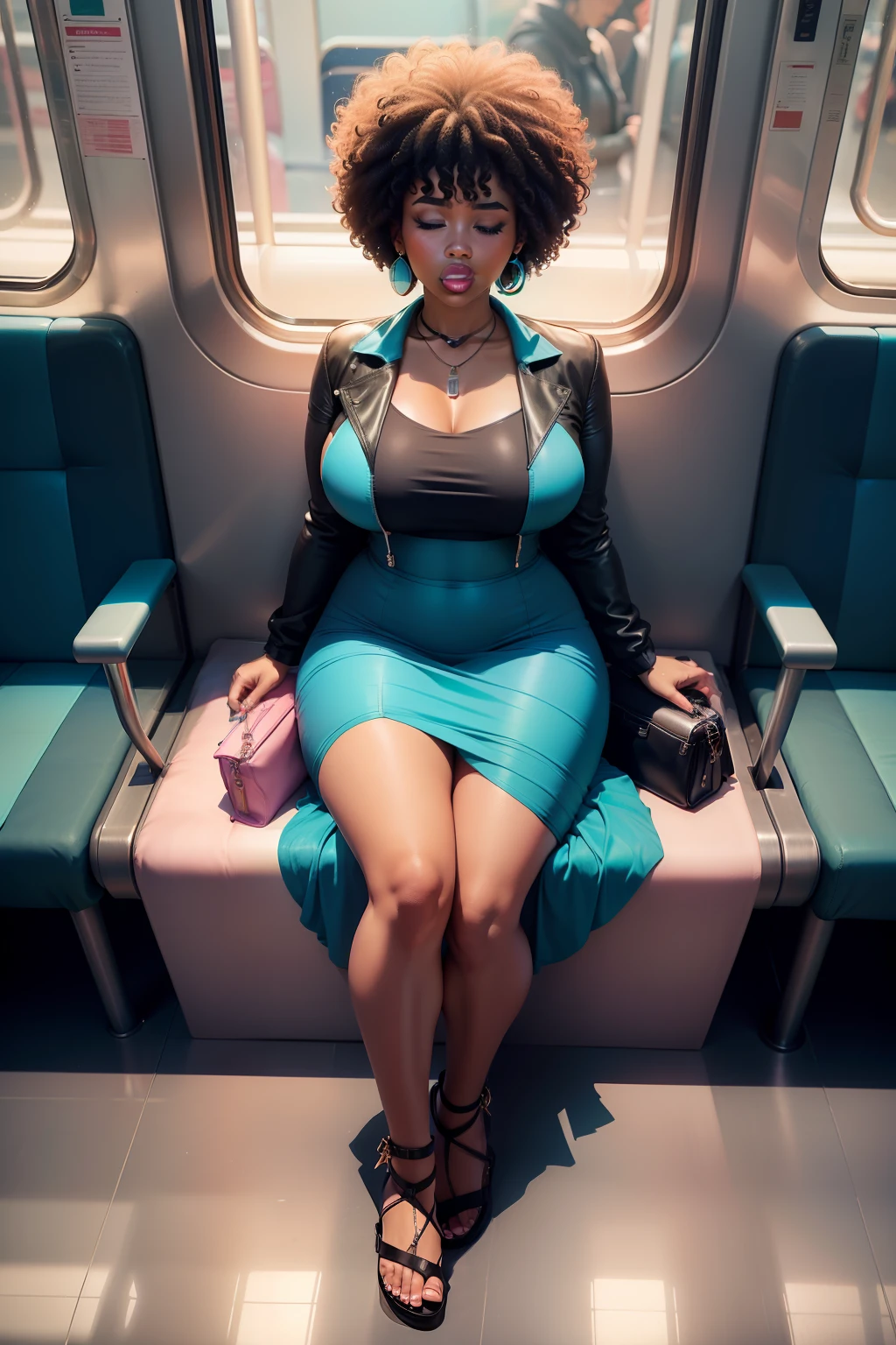 1 beautiful woman, large body, eyes closed, eyelids made up, medium earrings, short afro hair, turquoise dress, black jacket over the dress, sandals, large turquoise bag, long eyelashes, pink nails, full lips, open mouth. sleeping lying on the train