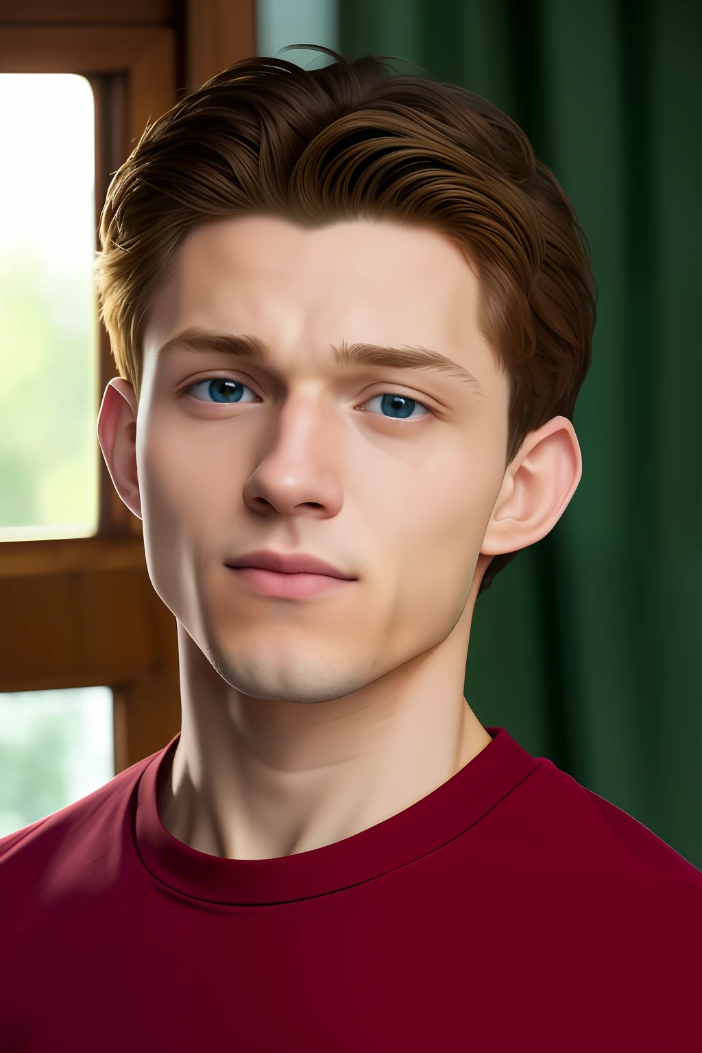 巨作, Best Quality, perfect anatomy, highs quality, A highly detailed, highly detailed CG Unity 8k wallpaper, A highly detailed, High-resolution illustration, highres, absurdres, complex details, highly detailed CG, 1boy, male focus, (((Full body))), Selfie of Tom Holland standing tall in his bedroom facing the camera,Powerful backlight, Dramatic shades, Dynamic Key Lighting, vibrant colours,  perfect eyes, proud, Invincible, Window in the background