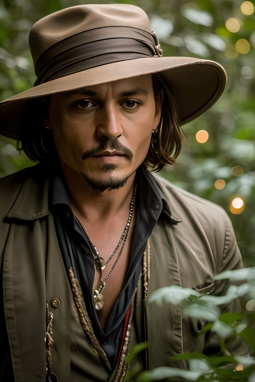 masterpiece, johnny depp walking through the jungle (night among fireflies), (high detail:1 1), rough face, natural skin, high quality, nsfw, beautiful eyes, (detailed face and eyes), (face: 1 2), noise, extra, real photo, PSD, lamp film photography, sharp focus, contrast lighting, detailed skin, high resolution 8k, crazy detail, realistic, professional photography, 8k UHD, SLR camera, soft lighting, high quality, film grain, Fujifilm XT3