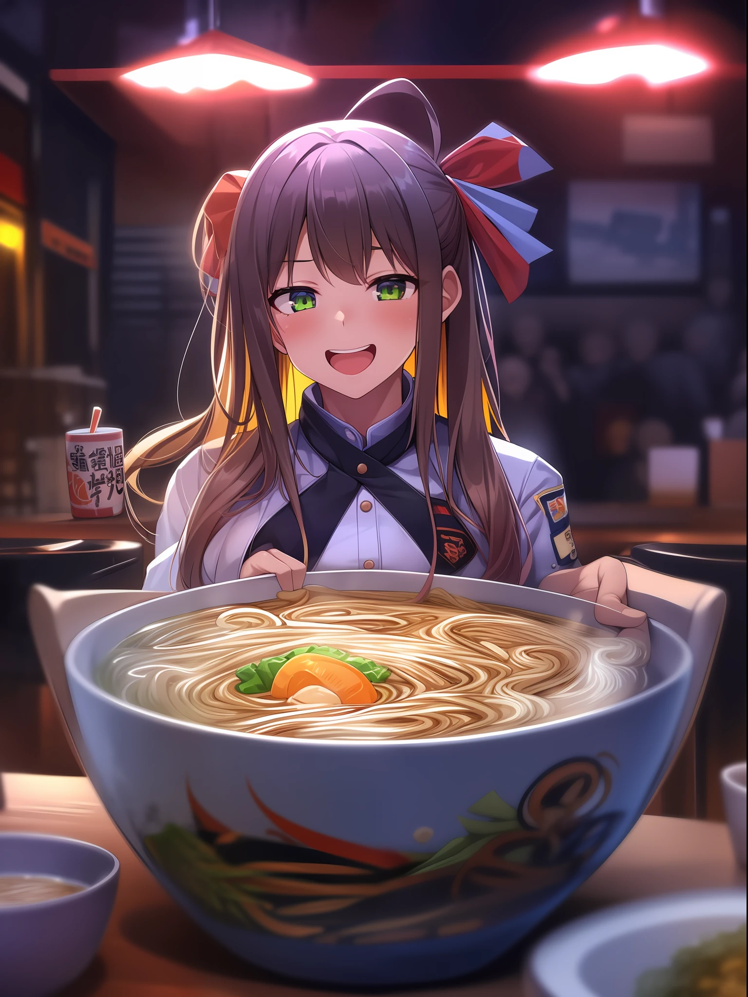 (Masterpiece), Top Quality, Ultra High Definition, Close Up, Slim Body, One Girl,Uniform, Long Hair, Laughter, Ramen, Night, Tokyo Restaurant Background, Colorful Lights, Photon Mapping, Radiosity, Physically Based Rendering, Cinematic Lighting, Complexity, High Detail, Sharp Focus, Dramatic, Photorealistic