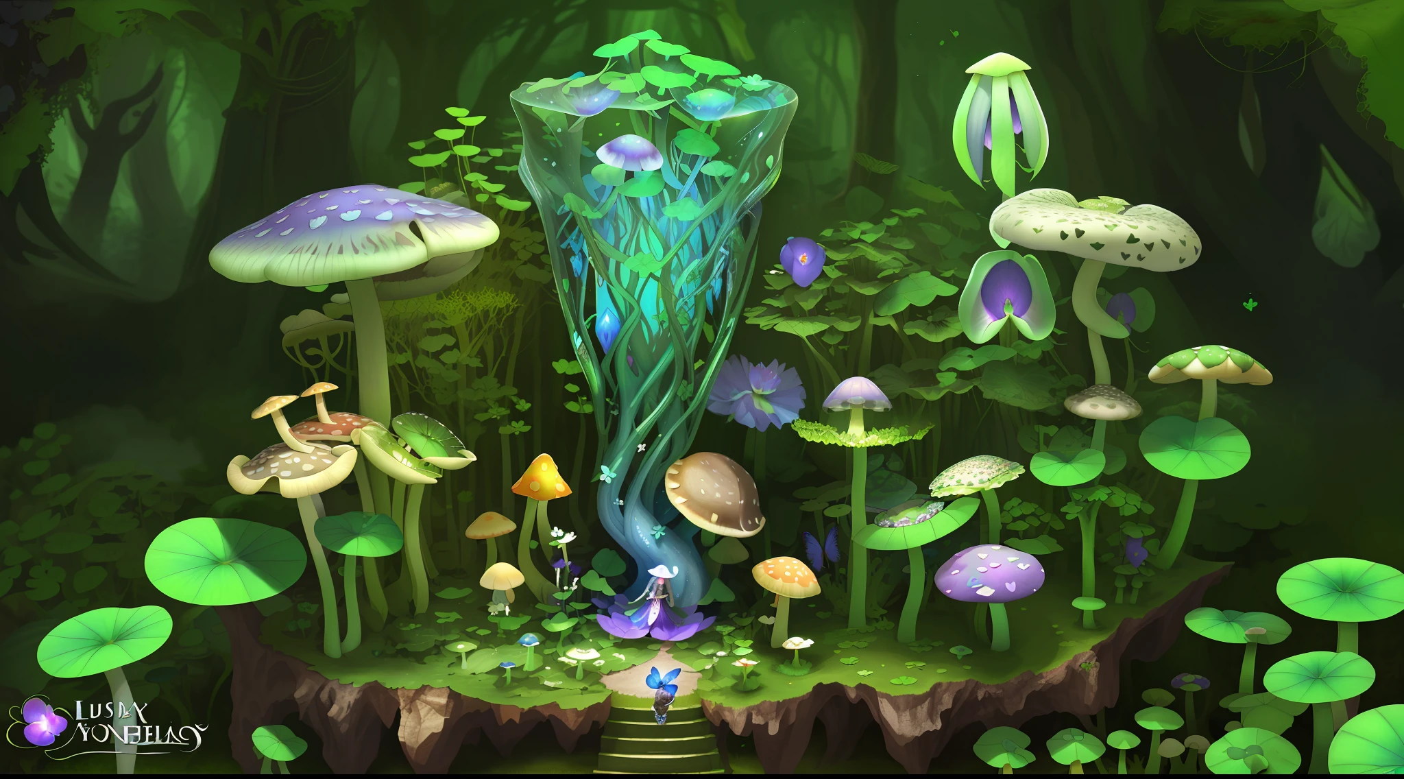 "Mushroom forest with glass goblet,s fractal art,morning glory,butterflys,lotuses,four-leaf clover,morning glory,Cyber Mushroom Forest,Ultra-detailed digital fantasy art。Mushrooms are everywhere in the picture,The unique mushroom shape creates a magical casa scene。"