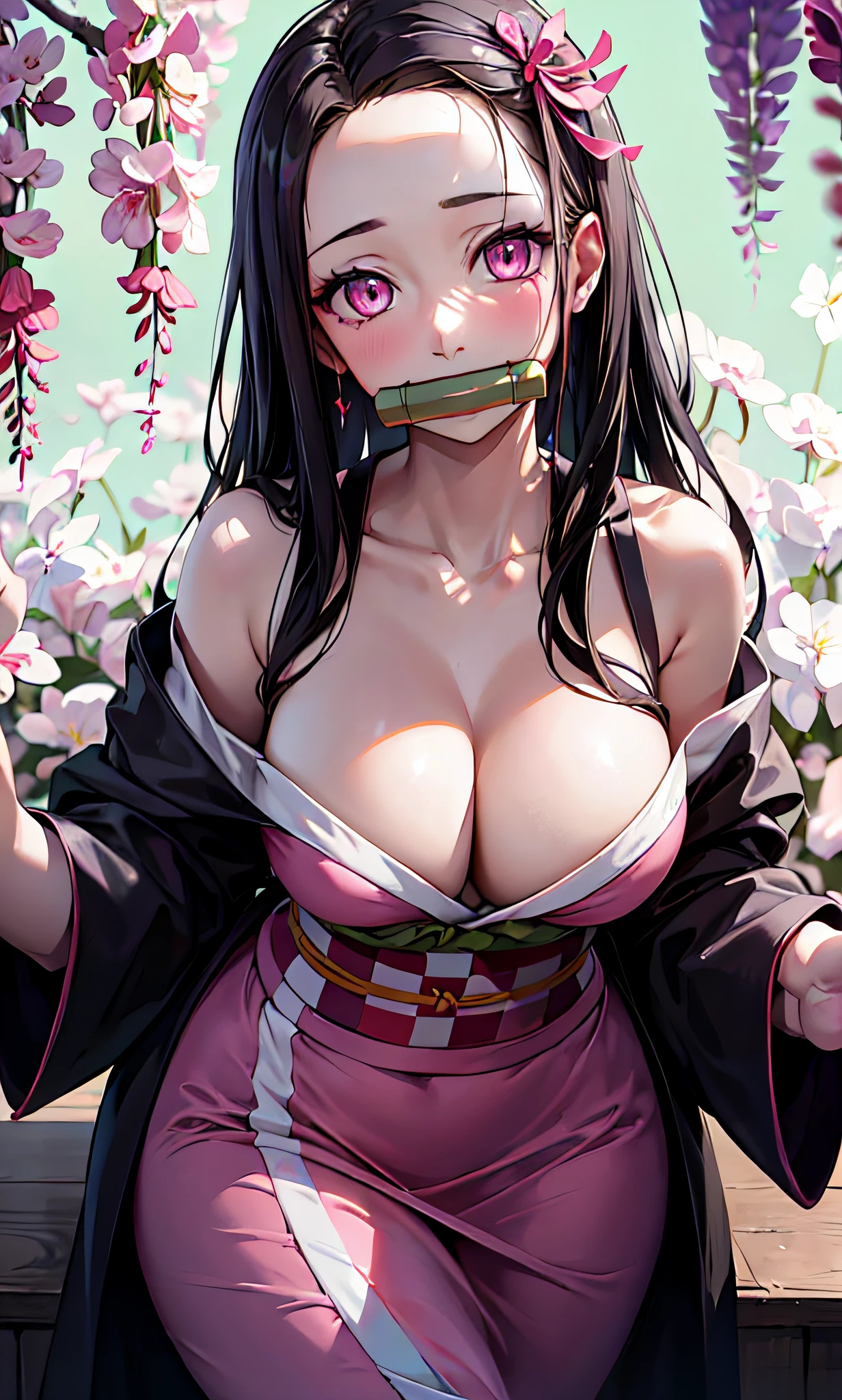 masterpiece, (pink kimono), seductive face, good lighting, décolleté, fine details, masterpiece, glowing eyes, 1girl, black hair, gag, bamboo, Nezuko Kamado, wisteria background, masterpiece, best quality, POV, whole body, wide hips,