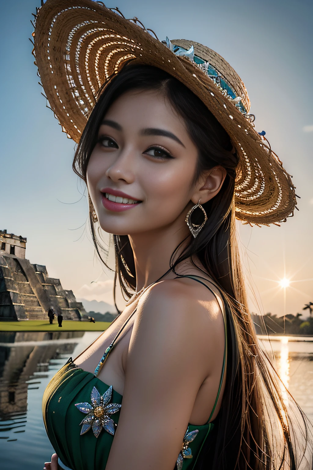 "((Hiper realista, fotorrealista, 8k, detalhes intrincados)), obra-prima, (corpo inteiro) a geisha with flowing black hair, Tatuado, gueixa maia, gueixa guerreira, rainha maia gueixa, deusa maia gueixa, divindade gueixa, rainha solar, divindade lunar, Diva celeste, gostosa, seios fartos, coxas grossas, fleshy lips, pele sedosa suada, wearing a straw hat, um quimono curto sensual ornamentado com flores, decotado (destaque nos seios), posing smiling for a photo next to the great pyramid of the Mayan Temple of Kukulcán (dim lighting, Sombras realistas)."
