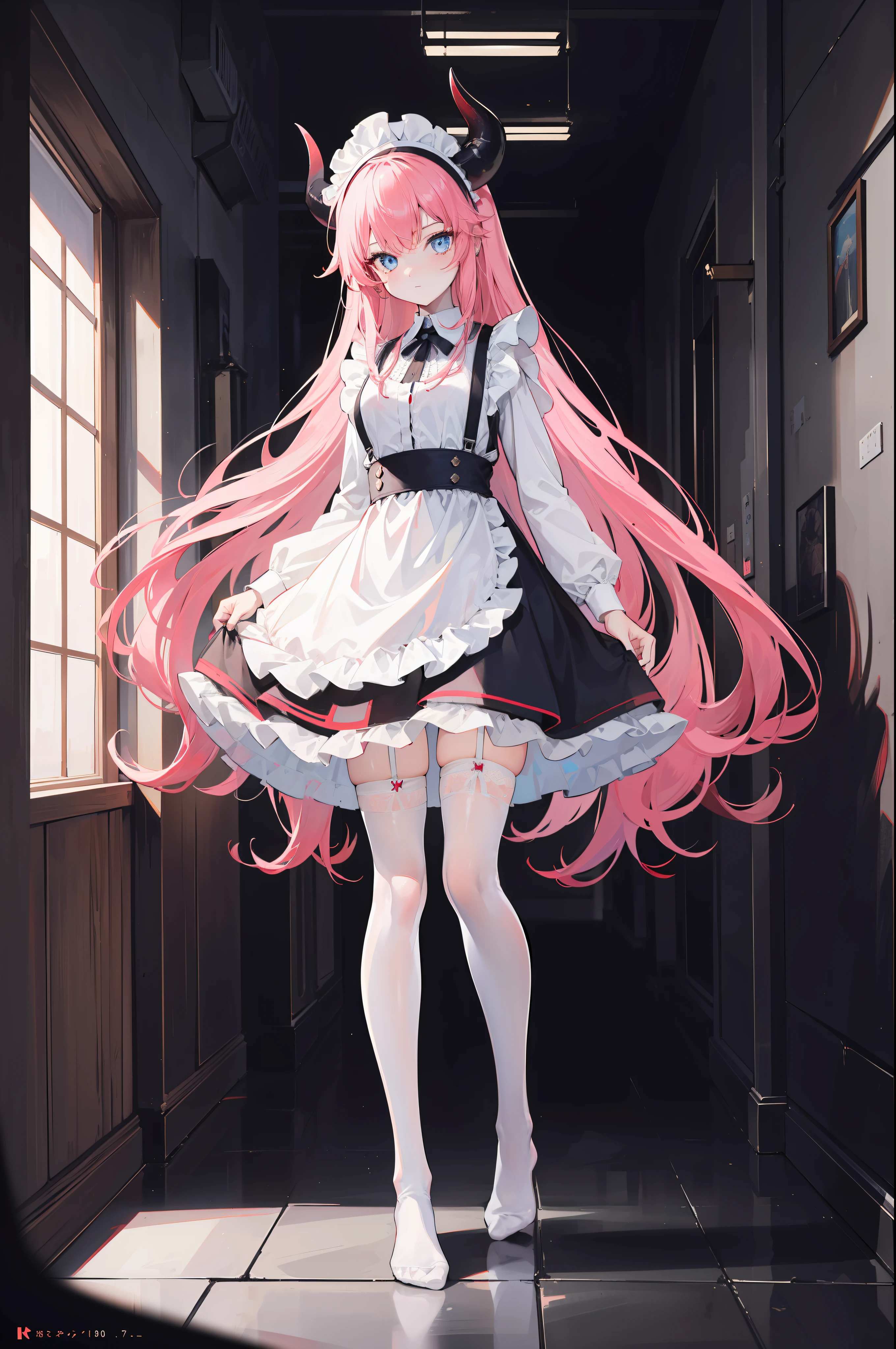 "1girl with long pink hair, blue eyes, small frontal facing red horns, donning a black and white maid outfit, black skirt with white apron, white stockings, suspenders, no shoes, standing in a medieval corridor, in absurdly high resolution, ultra-sharp 8K image quality, creating a visual masterpiece, and captivatingly staring at the viewer."