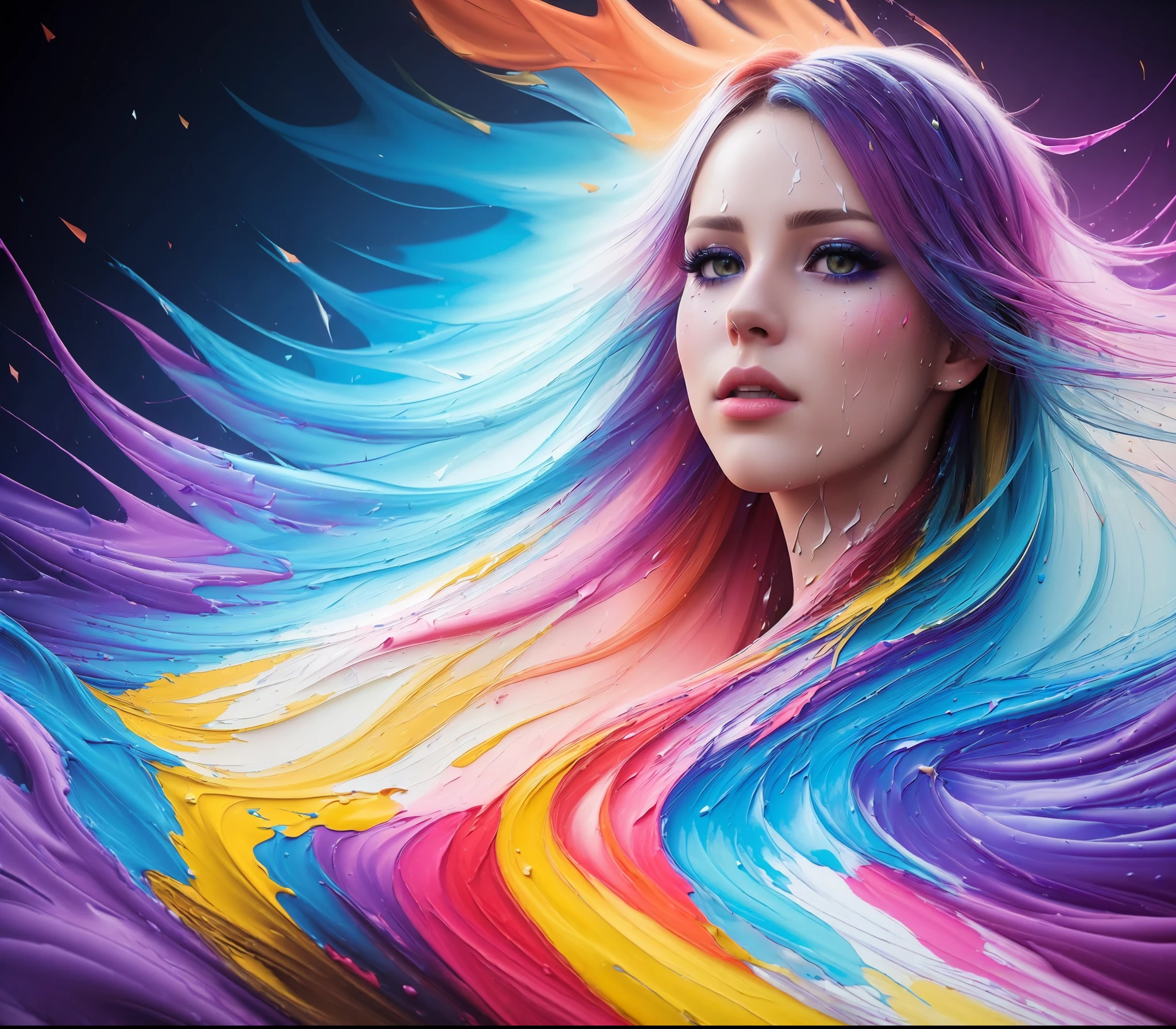 (level difference:1.8),(Paint colliding and splashing on the canvas),(depth of field),paint splatter,Liquid state,stunningly beautiful, masterpiece, The girl's side face blends into it,detailed background,ultra high quality model, ethereal background,abstract beauty, explosive volumetric, oil painting,heavy strokes,Romantic lighting,Sub-Surface Scatterring,glow,8k,high resolution,ultrawide shot, dreamy,ray tracing,hdr,god rays,