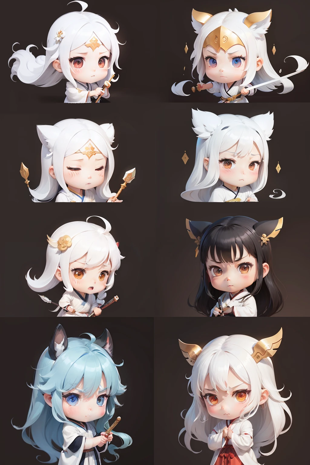 Long flowing hair, in white robe, Elegant poet of the Tang Dynasty, Holding a long sword. Four cute poses and expressions, Smile, Sad, Angry, Anticipation. Different emotions, multiple possand expressionses, Chinese painting, tchibi, Illustrations, flatcolors, simple line 2d painting, popular artstations, Digital art, pixel style cartoons, lineworks, 8K