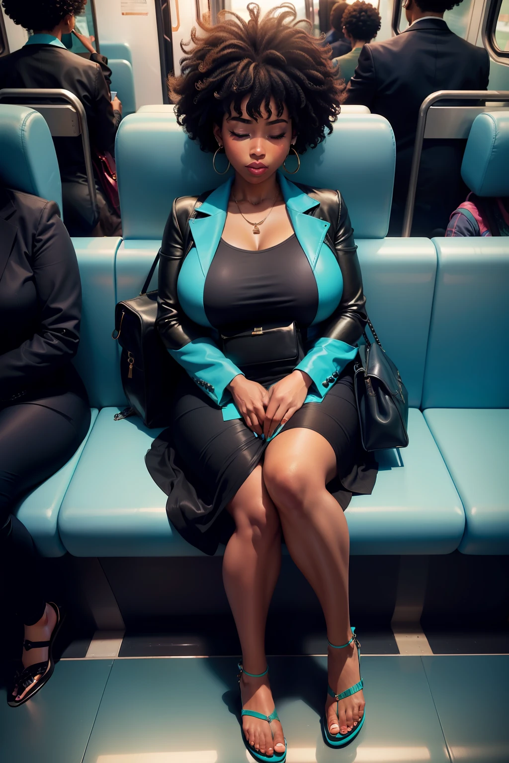 1 beautiful woman, large body, eyes closed, eyelids made up, medium earrings, short afro hair, turquoise dress, black jacket over the dress, sandals, large turquoise bag, long eyelashes, full lips, mouth open, head resting on the seat, sleeping lying on the train