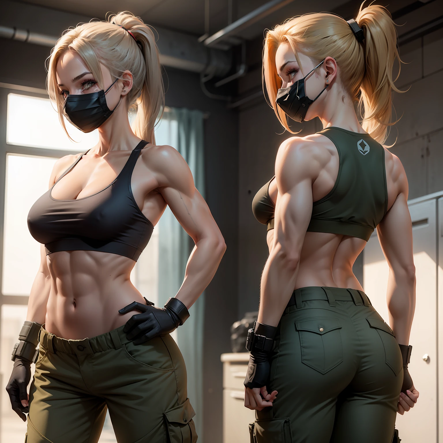 Cute toned shirtless female with a pony tail military pants and a mask from the side