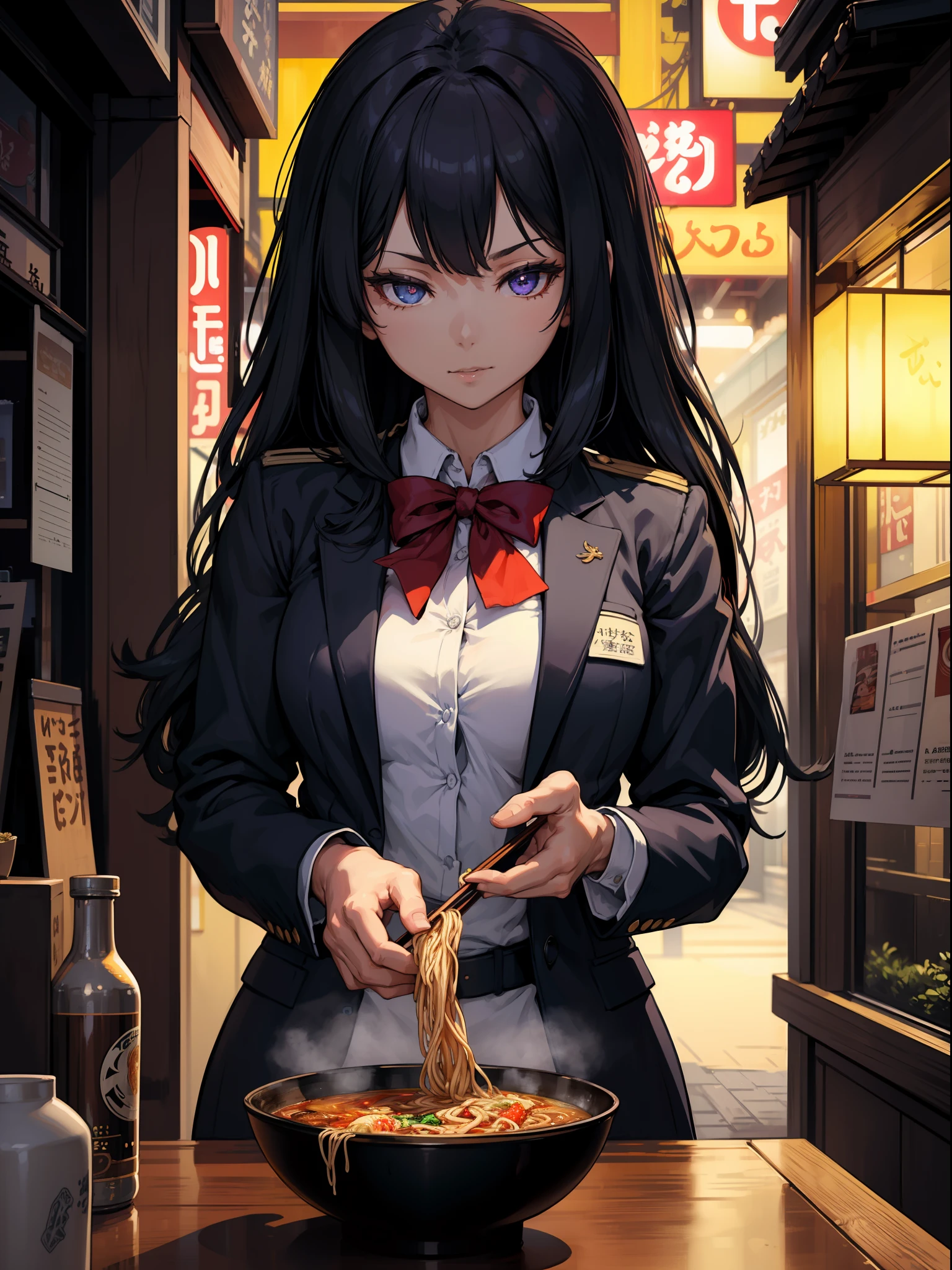 (Masterpiece), Top Quality, Ultra High Definition, Close Up, Slim Body, One Girl,Uniform, Long Hair, Laughter, Ramen, Night, Tokyo Restaurant Background, Colorful Lights, Photon Mapping, Radiosity, Physically Based Rendering, Cinematic Lighting, Complexity, High Detail, Sharp Focus, Dramatic, Photorealistic