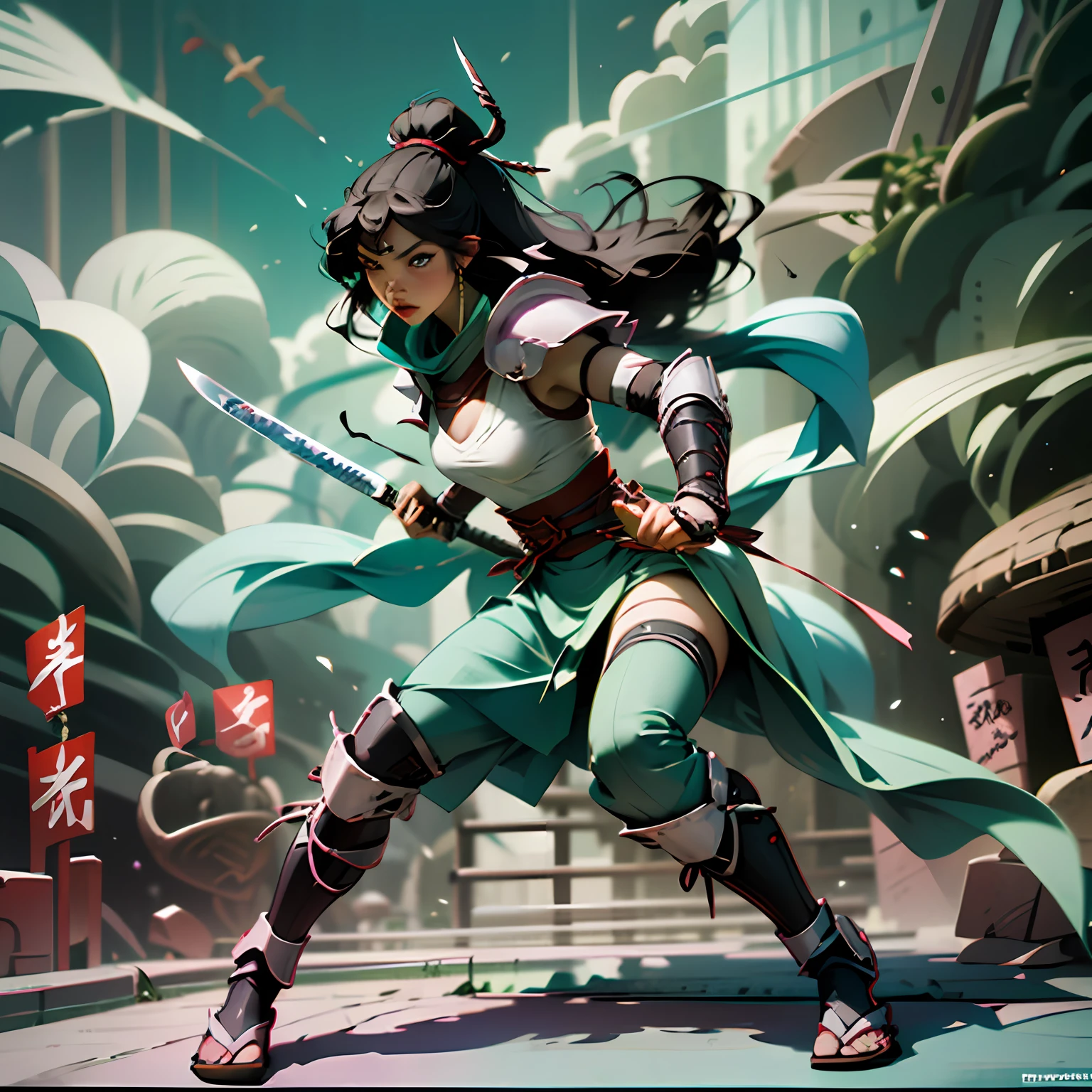 woman, samurai, red samurai sword, full body, large breasts, wide hip, thin waist, full breasts, detailed, very detailed, tattoos by the body, best quality, black hair, channel cut, green and white samurai armor, hand on sword, hand on hip, slightly open legs, fighting position, green locks in hair, cheerful lighting, blurred background, japanese city, market, whole body,  futuristic setting, biomechanical armor, detail on sword handle, sculptural silhouette, yummy, hentai, anime style, hentai style, naughty face,