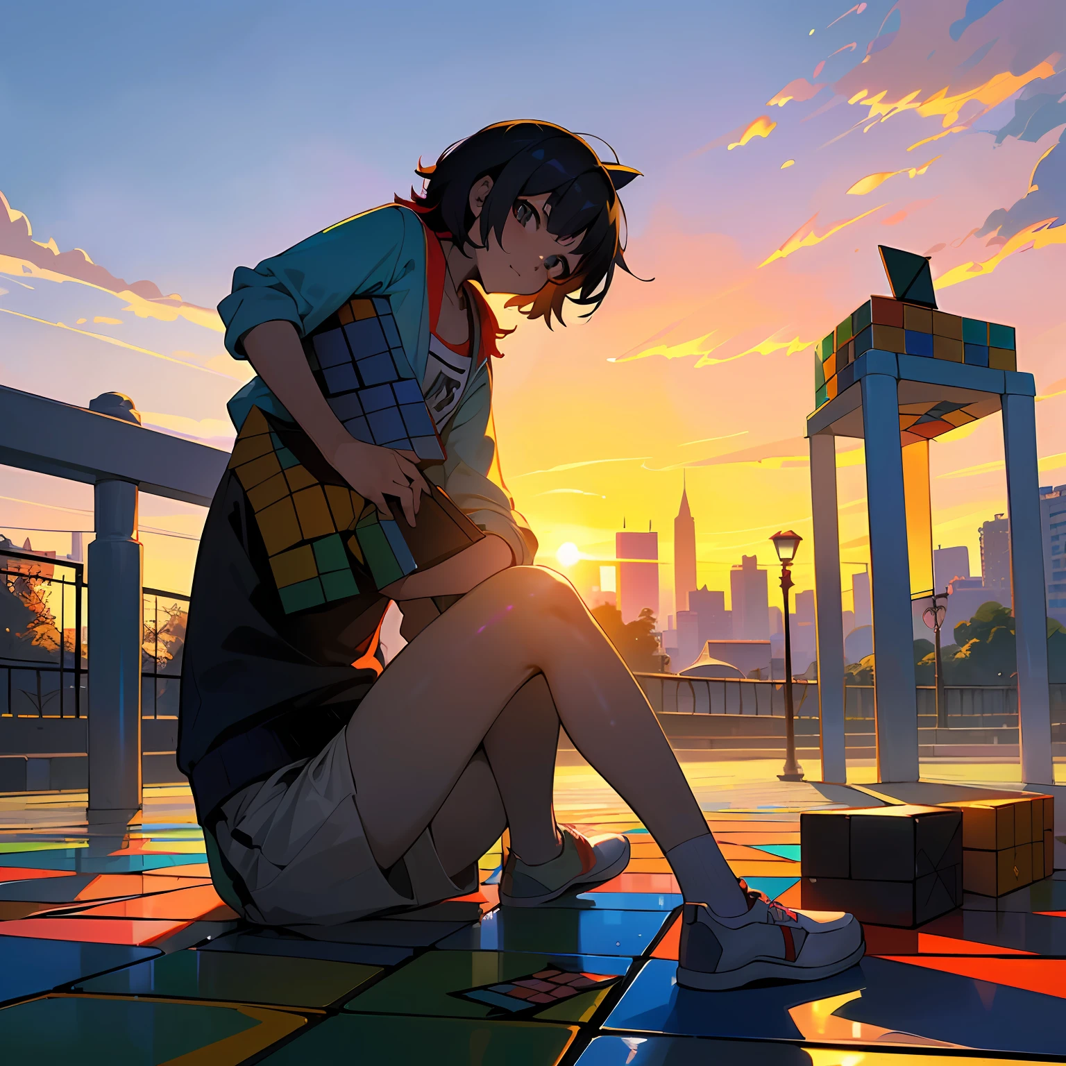 ((Adolescent child, jugando Rubik, plaza, sentado, anime, fondo atardecer, pelo ondulado, piel clara, colores llamativos))