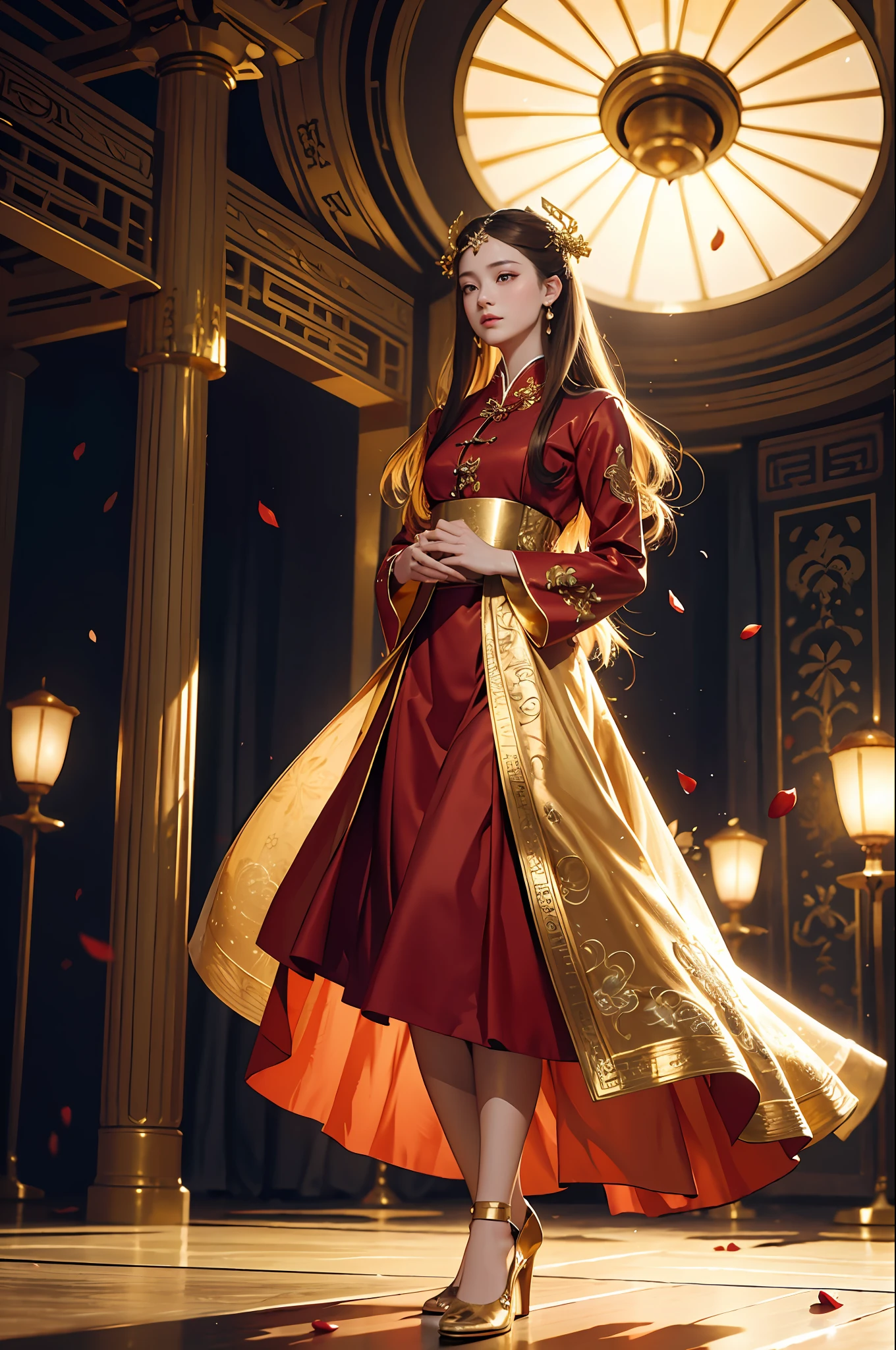 best quality, masterpiece, highres, (exquisite body:1.5),gorgeous face,(milky skin:1.3),intricate details,high resolution,wallpaper,
1girl, solo, dress, hair ornament, (((gold and red dress))), flowers, long hair, brown hair, closed mouth, jewelry, long sleeves, hand up, wide sleeves, big eyes,floating hair, chinese clothes, hanfu, embroidery, long skirt, natural pose, falling petals, indoor,fanning, lantern,
16K,HDR,highres,depth field,(film grain:1.1),boken,golden hour,(lens flare),vignette,rainbowing,(color grading:1.5)