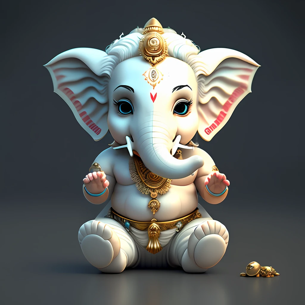 Ganesha god,, arm depiction, white and blue hair body, exquisite shoes, eye depiction, exquisite hair, popmart blind box, clay texture, stepping on the land, black and white background, natural lighting, most good quality, super detail, 3D art, c4d, OC renderer, 3D rendering, 8k