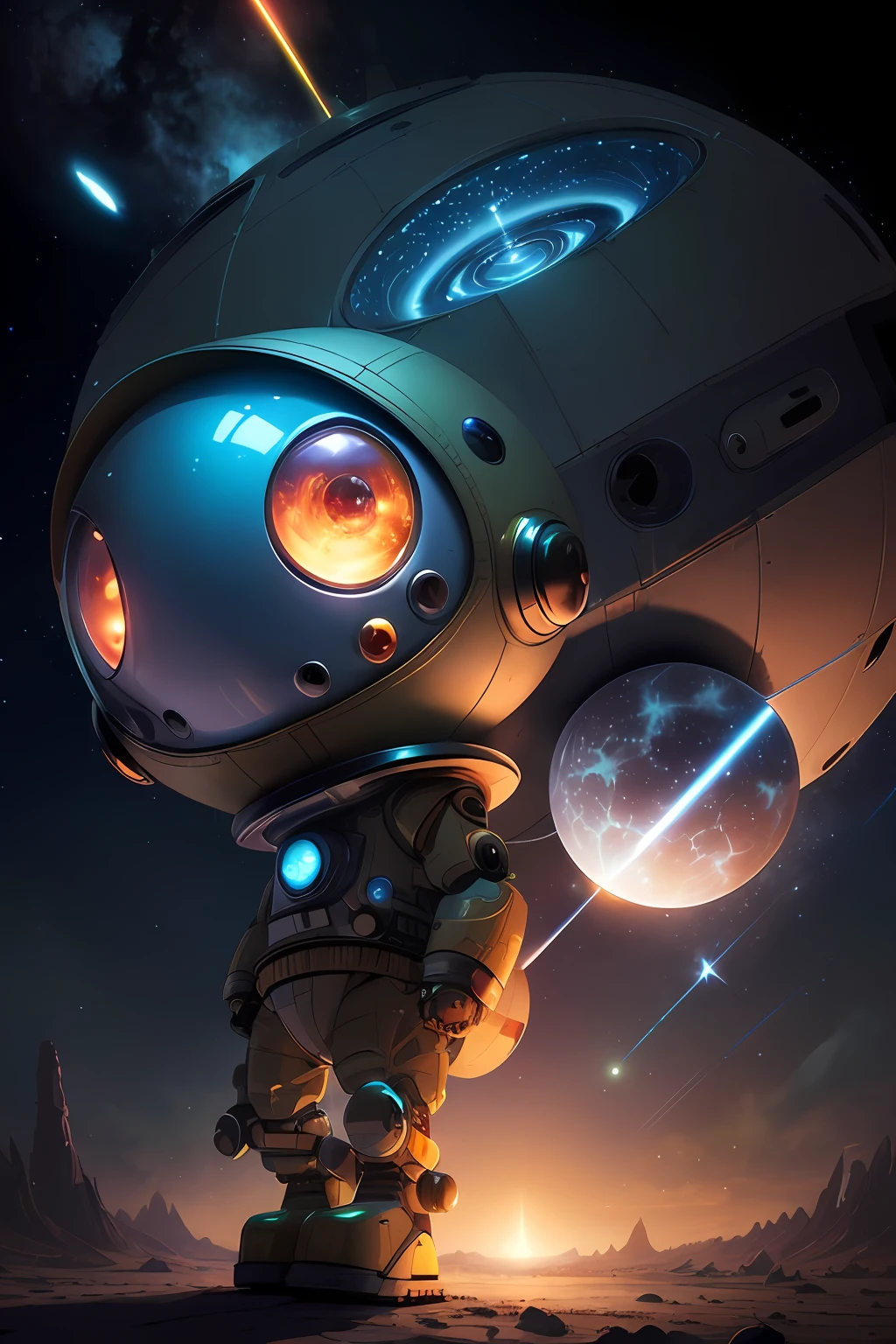a closeup of a robot with a spaceship in the background, bipe e Jeremias Ketner, sci-fi illustrations, sci - fi illustrations, Greg bipe, Sci-Fi Digital Art Illustration, epic fantasy sci fi illustration, por Mike "bipe" Winkelmann, arte do bipe, amazing space creature 4 k, arte sci fi