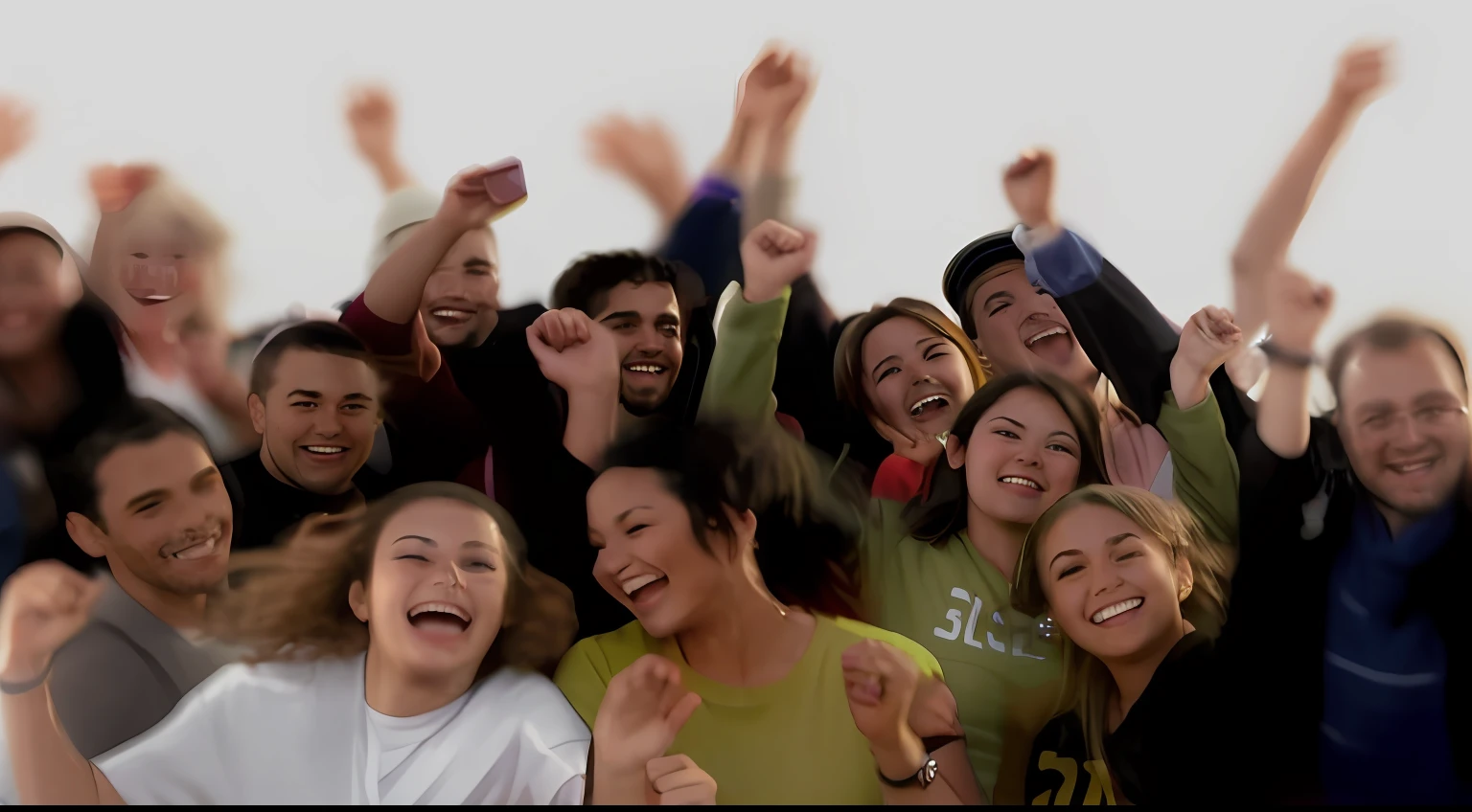 there are many people that are all smiling and waving, groups of happy people, groups of happy humans, cheering crowd, everyone having fun, cheering crowds, crowd cheering, people screaming, a group of people, enthusiastic crowd, people dancing in background, very excited, group of people, ecstatic crowd, happy people, people dancing, joyful people in the house, all overly excited