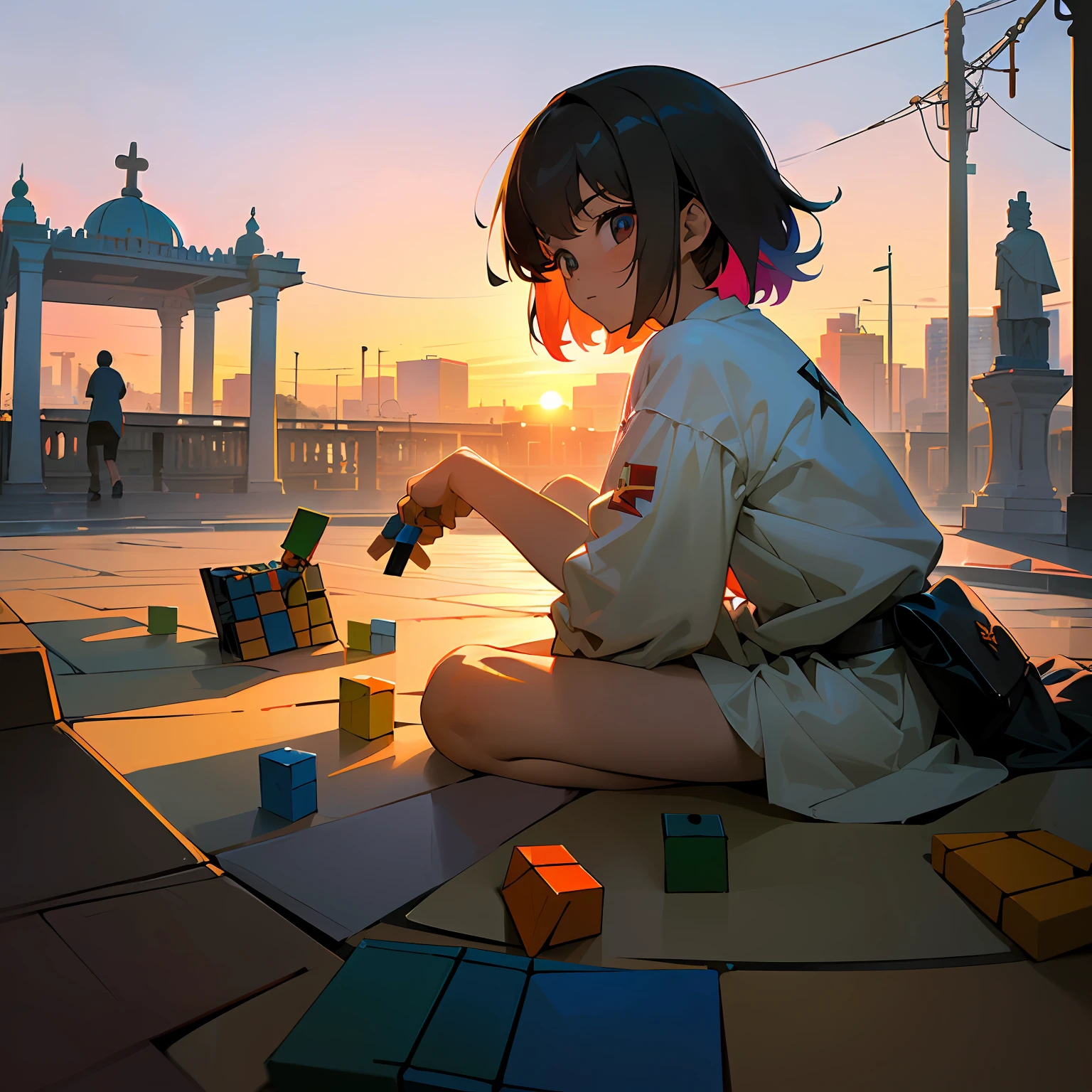 ((Adolescent child, jugando Rubik, plaza, sentado, anime, fondo atardecer, pelo ondulado, piel clara, colores llamativos))