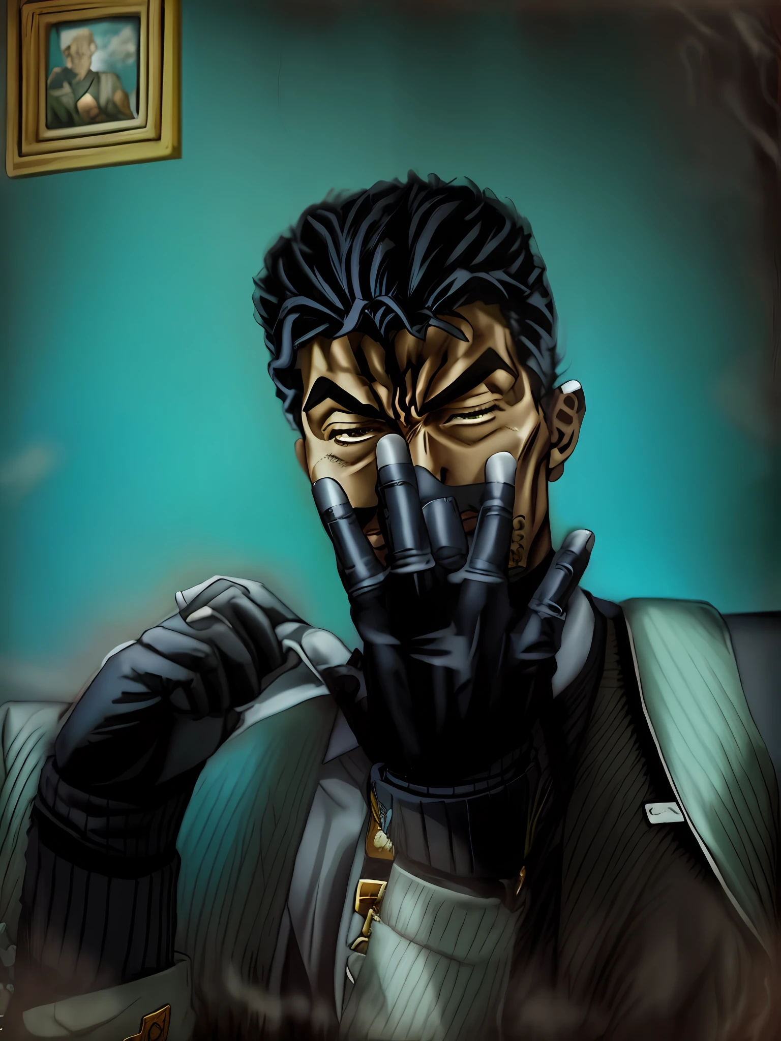 there is a man with a glove on his hand making a face, wearing gloves, as joseph joestar from jojo, Jojo style, art by hirohiko araki, black leahter gloves, with index finger, gloves, 1boy, 1hand, black man