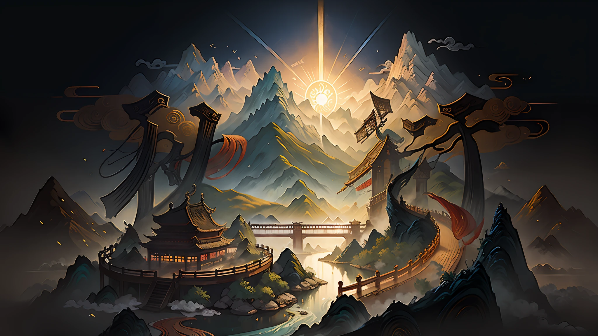 An ancient Chinese painting, ancient Chinese background, mountains, rivers, auspicious clouds, pavilions, sunshine, masterpieces, super detail, epic composition, ultra HD, high quality, extremely detailed, official art, unified 8k wallpaper, Super detail, 32k -- v 6