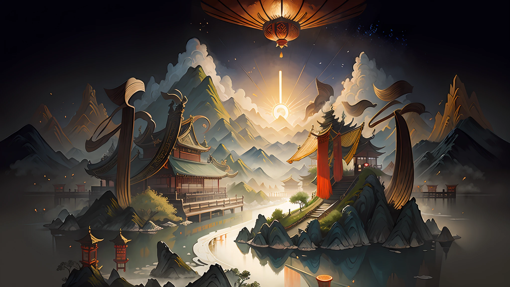 An ancient Chinese painting, ancient Chinese background, mountains, rivers, auspicious clouds, pavilions, sunshine, masterpieces, super detail, epic composition, ultra HD, high quality, extremely detailed, official art, unified 8k wallpaper, Super detail, 32k -- v 6