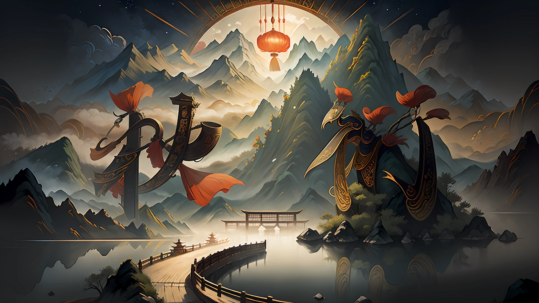 An ancient Chinese painting, ancient Chinese background, mountains, rivers, auspicious clouds, pavilions, sunshine, masterpieces, super detail, epic composition, ultra HD, high quality, extremely detailed, official art, unified 8k wallpaper, Super detail, 32k -- v 6