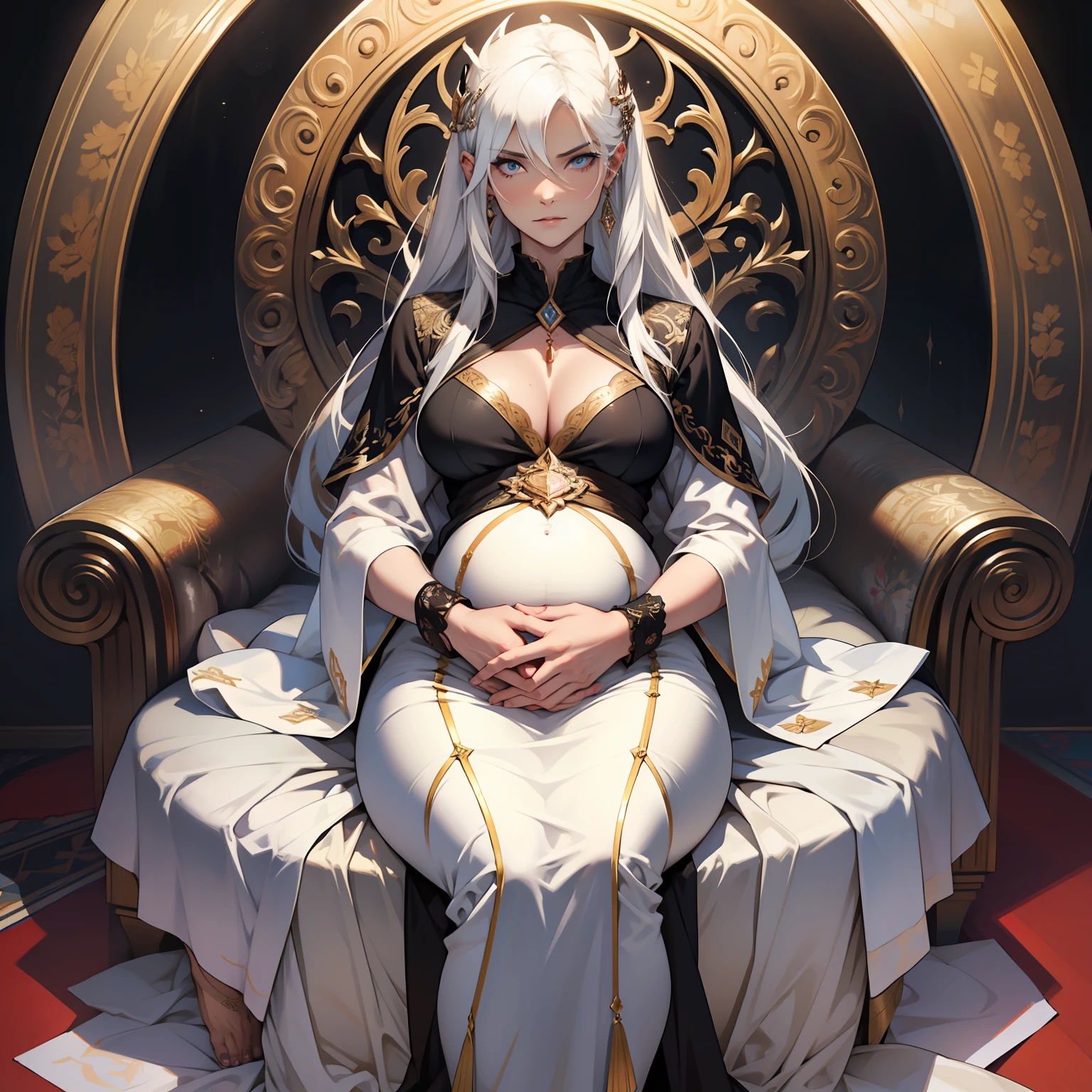 Yes, my mother has long, silky, white hair that flows down to her feet. She has deep, piercing eyes that are dark and brooding. She has a petite, delicate frame and is often seen dressed in fine fabrics. 
My mother is not someone to be messed with. She is wise, powerful, and commands respect. She is the epitome of grace and beauty. Pregnant female, chubby