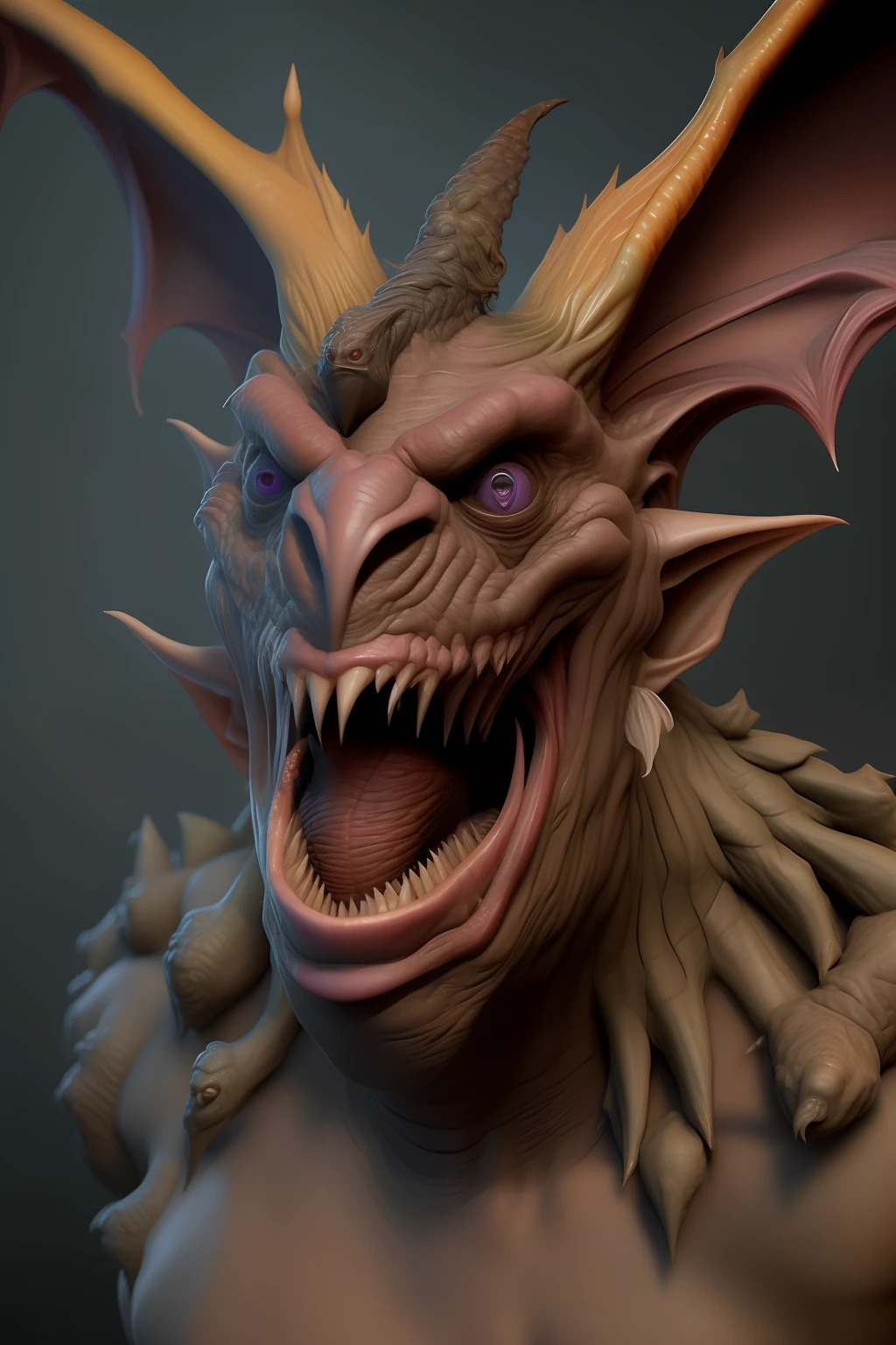 dungeons and dragons, vargouille, monster, distorced human head with bat wings and sharped teeth, 8k