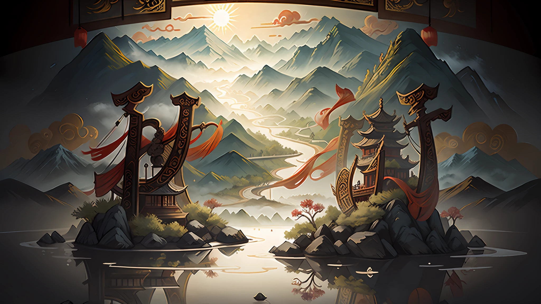 An ancient Chinese painting, ancient Chinese background, mountains, rivers, auspicious clouds, pavilions, sunshine, masterpieces, super detail, epic composition, ultra HD, high quality, extremely detailed, official art, unified 8k wallpaper, Super detail, 32k -- v 6