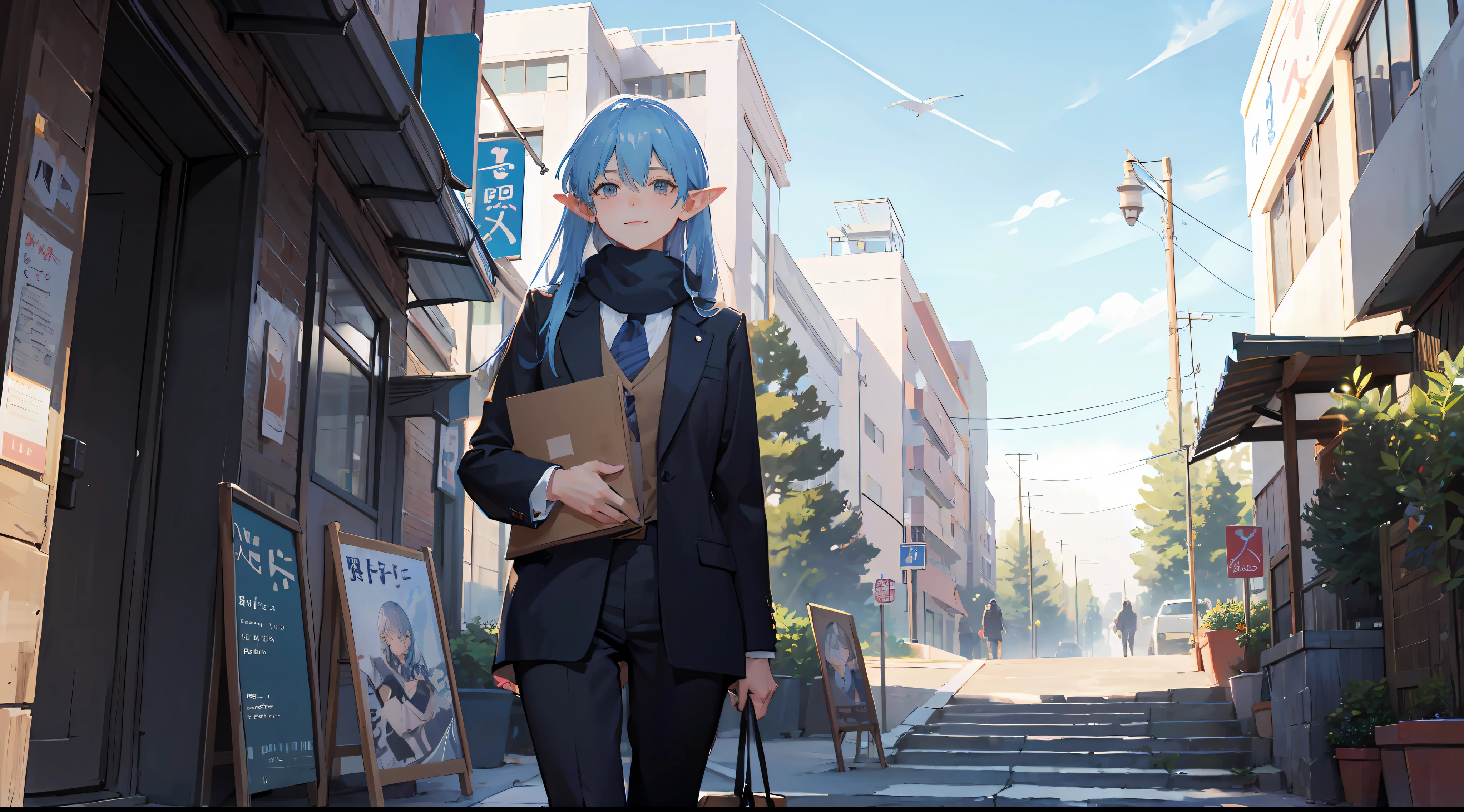 ​masterpiece、A detailed illustration、Detailed illustrations、(((Pastel colors)))、(((A vast blue sky overhead)))、femele １、Modern depiction、Faithful to human anatomy、Young beautiful Japan elf、Strong sunshine、No wind、((Ruddy cheeks))、A smile、Natural behavior、Cinematic lighting、Black straight long hair、brown clean eyes、Wearing a blouse with a lot of white ruffles、wearing a scarf、wears a suit、Walk along the sidewalk of the business district、Realistic office district、Eyes staring at the camera