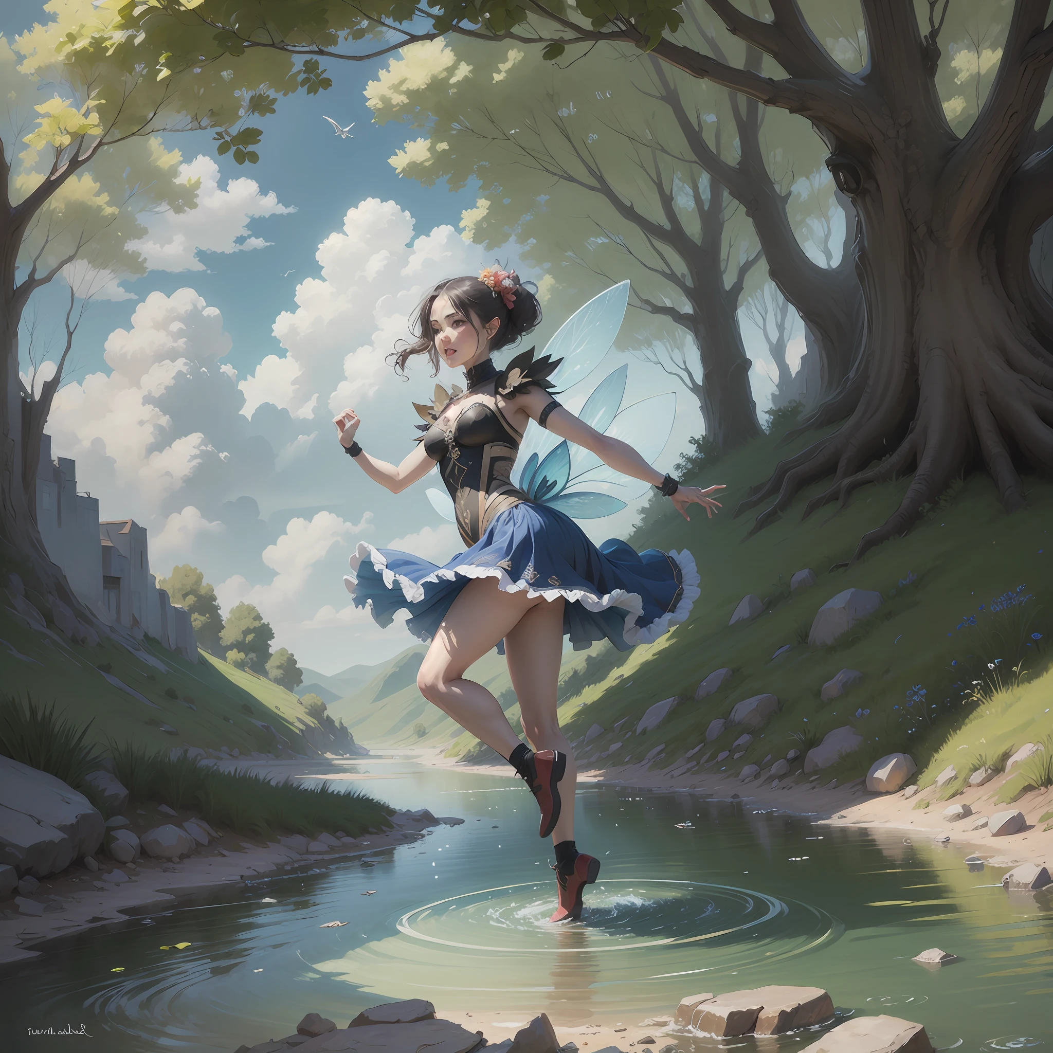 Fairy, running river, blue sky, clouds,art digital, --auto --s2