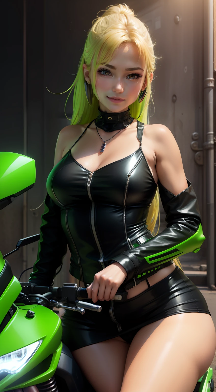1girl in、Delicate and beautiful facial features、light make-up、Exquisite jewelry and necklaces、Delicate technology leather jacket with short upper body、Ultra mini skirt in delicate technical leather at lower body、Sitting on a green high-tech bike、flaxen ponytail、With smiling eyes、bare shoulders、Shows perfect curves and plump buttocks behind them、 Background Special Effects Neon、colourfull、colourfull、Highlight green motorcycle and girl、Top image quality、masterpiece、hight resolution、Complex motorcycle details、Emphasis on the creation of future technologies、Facial features are clear and not blurred,、Normal human finger、