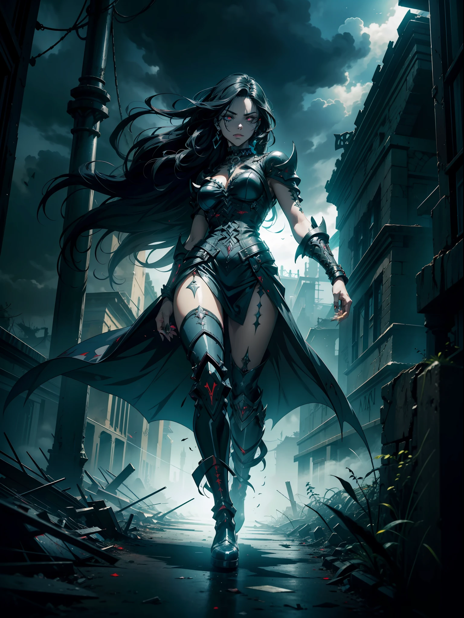 No horizonte escuro de uma cidade futurista, amid the wreckage of a world in ruins, Vilena, A Sedutora Vampira, emerge das sombras. Seu longo, wavy hair dances in the wind as she walks gracefully through the dark streets, exuding a mysterious, diabolical aura. She's a complex creature, A dangerous combination of beauty and doom. Seus olhos azuis brilham como safiras no breu, But his gaze reveals the presence of an ancient and unrelenting evil. Medium makeup enhances your dark beauty, while the choker-style necklace adds a gothic touch to its majestic demeanor. Vilena usa um vestido preto e vermelho que parece se misturar com seu ambiente sombrio, with socks and high boots that reflect their power and strength. Seu corpo imortal parece estar em constante crescimento, como se cada gota de sangue que ela consome a tornasse mais poderosa. She is the embodiment of astonishment and fascination, a figure that bewitches all who cross his path. His detailed face is marked by bloodied eyes., that evoke horror and attraction simultaneously. The scenery around you is a mix of epic and apocalyptic, with detailed painting depicting the marks of time on abandoned buildings and dark streets. The dramatic lighting creates a misty and mysterious atmosphere, perfeito para a fantasia sombria que ela encarna. Vilena is a character taken from a dark tale, A mystery that comes to life before our eyes. She could be the central figure in a sinister game like the long-awaited "remake de resident evil 4," where his story would unravel dark secrets and reveal connections to a world beyond imagination.
e assim, Vilena, The Cybernetic Vampire, permanece imortalizado nesta foto de qualidade profissional, ready to inhabit the nightmares of those who dare to venture into its dark pages.
