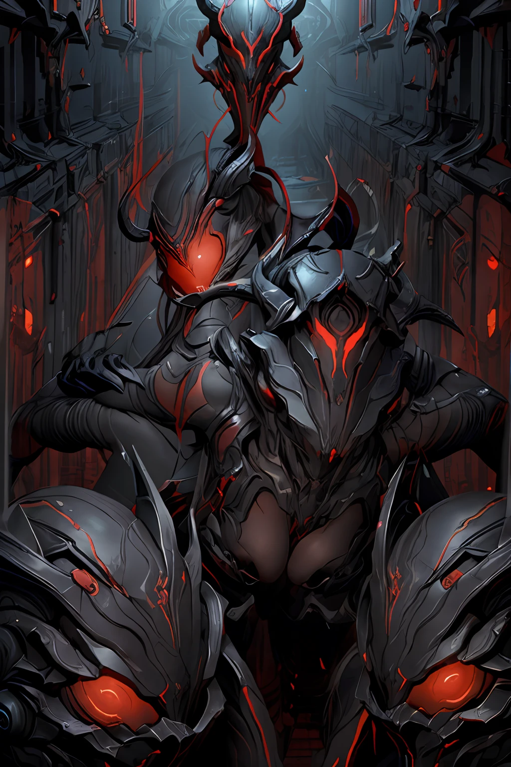 1girl, WARFRAME, robotic alien, heavy metal, dark, feminine, masterpiece, character illustration, high quality, dark powers, demonic embrace, demon, horns, faceless, slutty,, powerful, godlike, evil, villain, red and black colour patterns, red glow, red energy, brimstone, full body, detail, helmet, lewd, focus or red glow, pixel art, lewd, ,