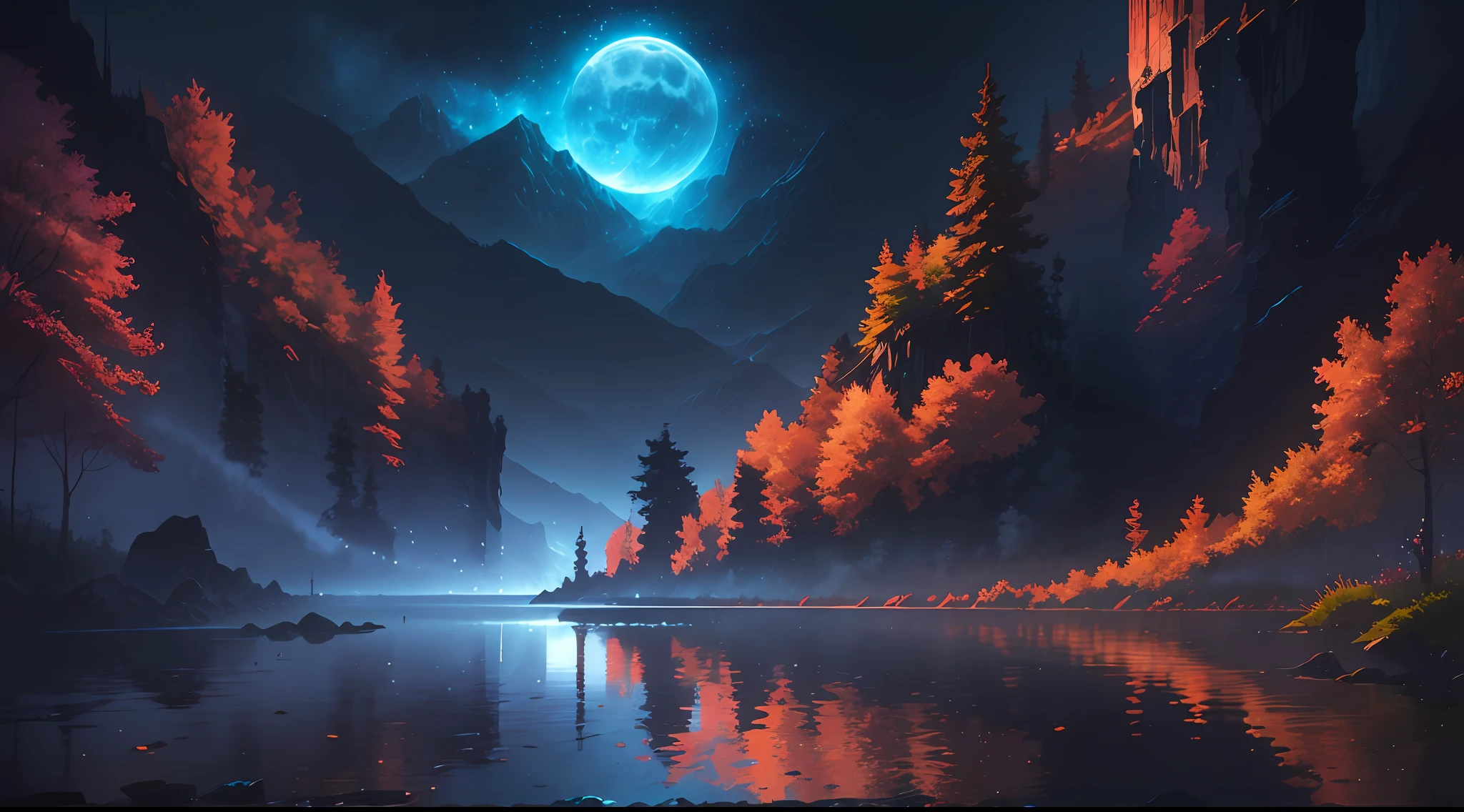 a painting of a river with a full moon in the background, digital art inspired by Andreas Rocha, pixiv contest winner, fantasy art, magical landscape, magical environment, beautiful anime scenery, detailed dreamscape, beautiful anime scene, night scenery, magical dream-like atmosphere, moonlit starry sky environment, anime landscape wallpaper, anime background art, painting of a dreamscape, Surrealism, high detail, from below, from below, Hyperrealism, Impressionism, anime, UHD, award winning, 4K, anatomically correct, super detail, best quality, highres, high quality, masterpiece